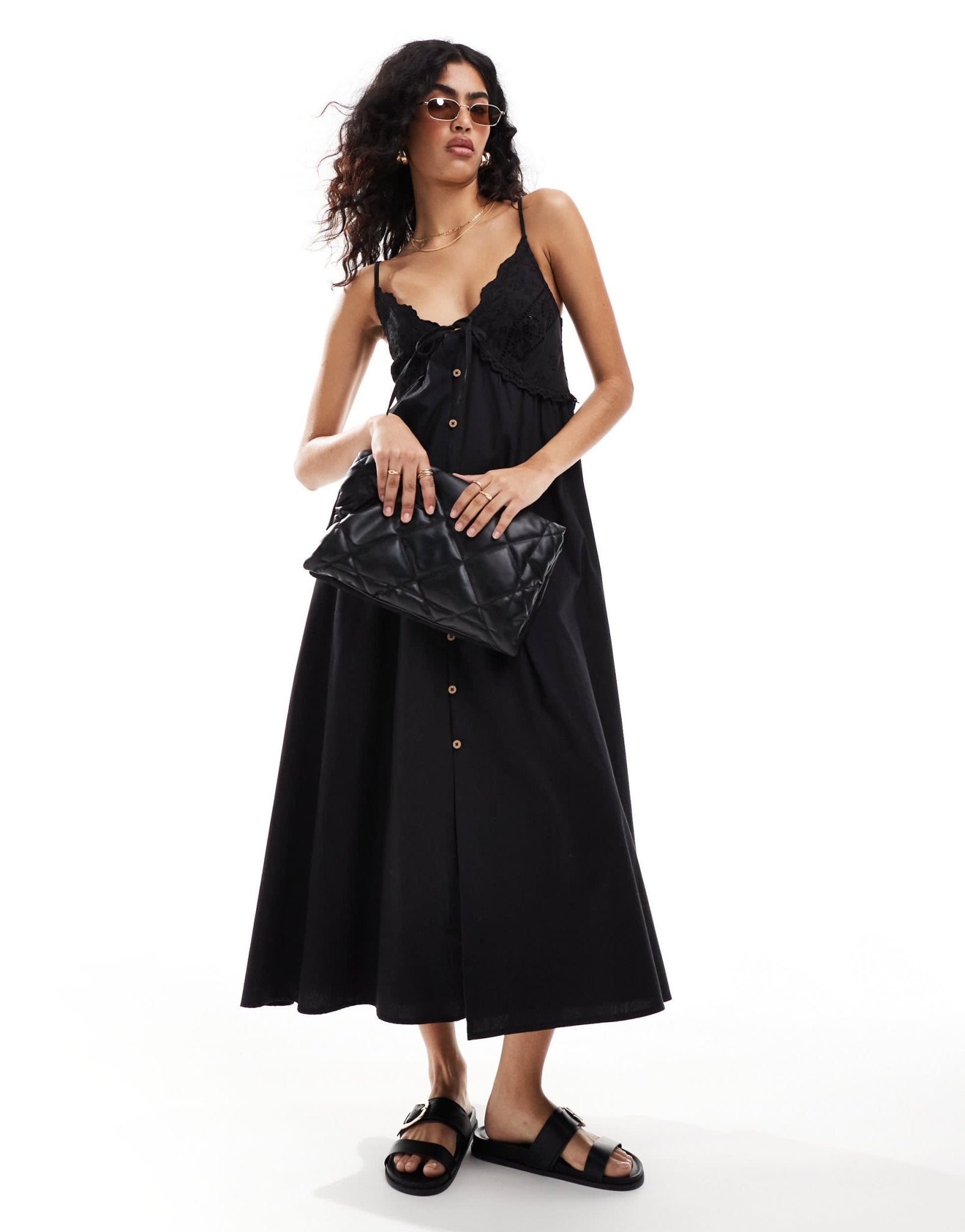 Miss Selfridge trim detail button through maxi slip dress in black - ASOS Sample Sale