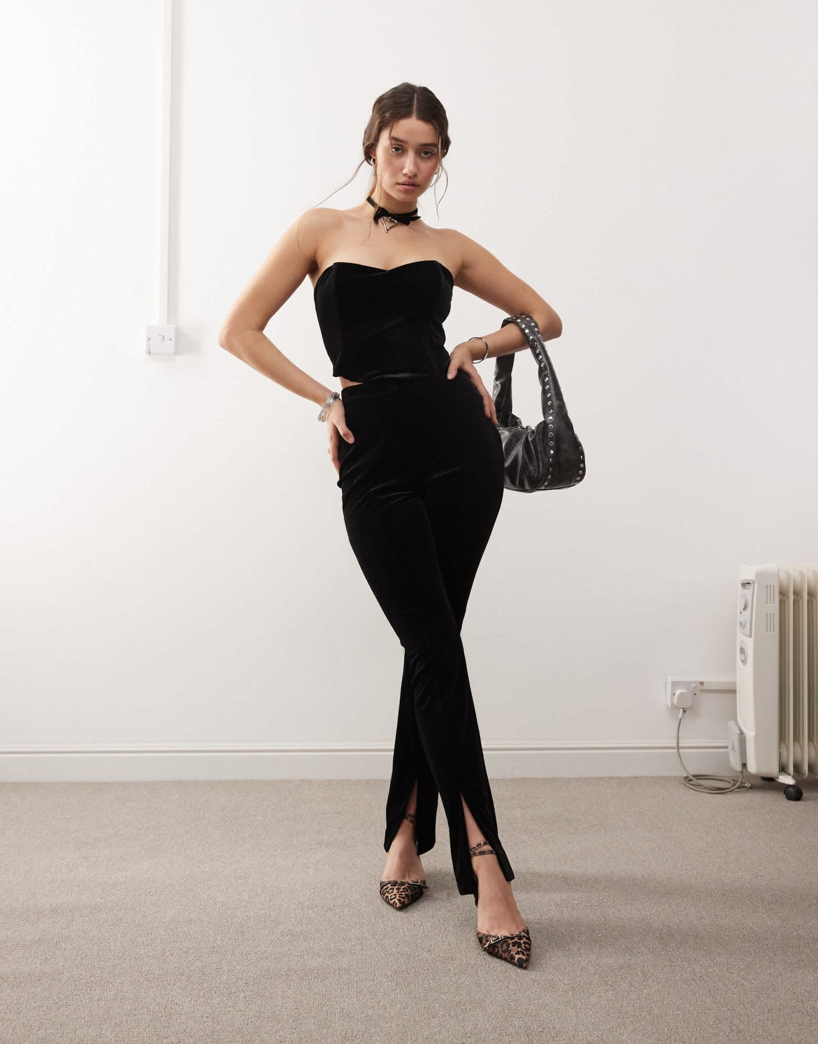 Miss Selfridge velvet tailored split front trouser in black - ASOS Sample Sale