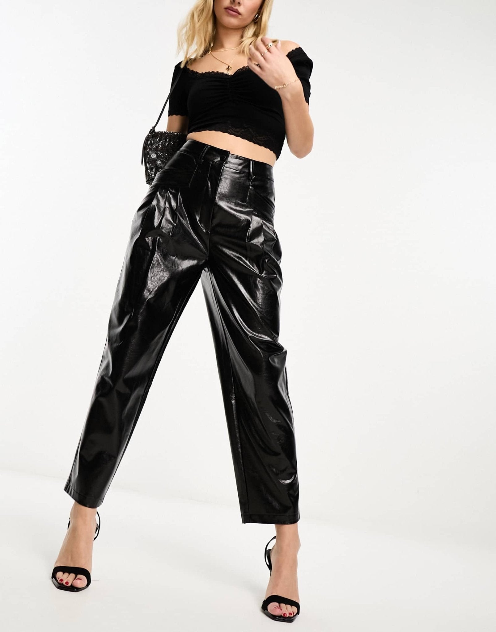 Miss Selfridge vinyl faux leather peg trouser in black - ASOS Sample Sale