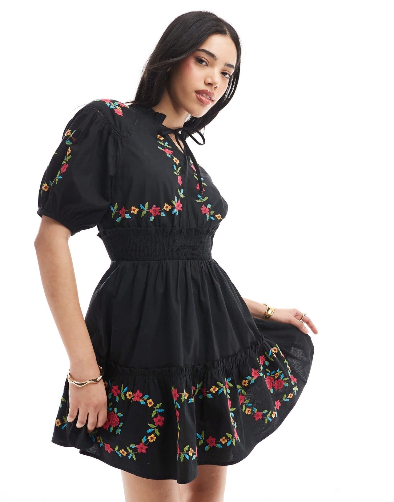 Miss Selfridge western embroidered detail waisted mini dress in black - ASOS Sample Sale