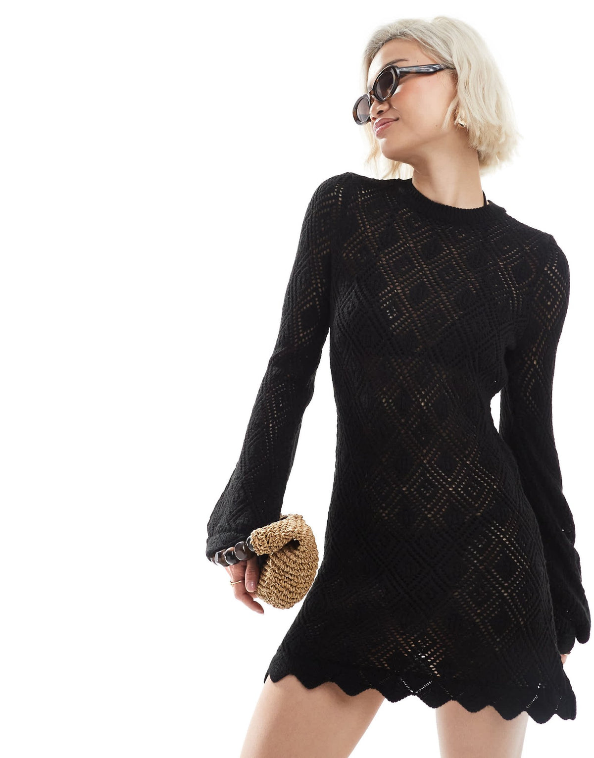 Miss Selfridge wide sleeve scallop hem knitted beach dress in black - ASOS Sample Sale