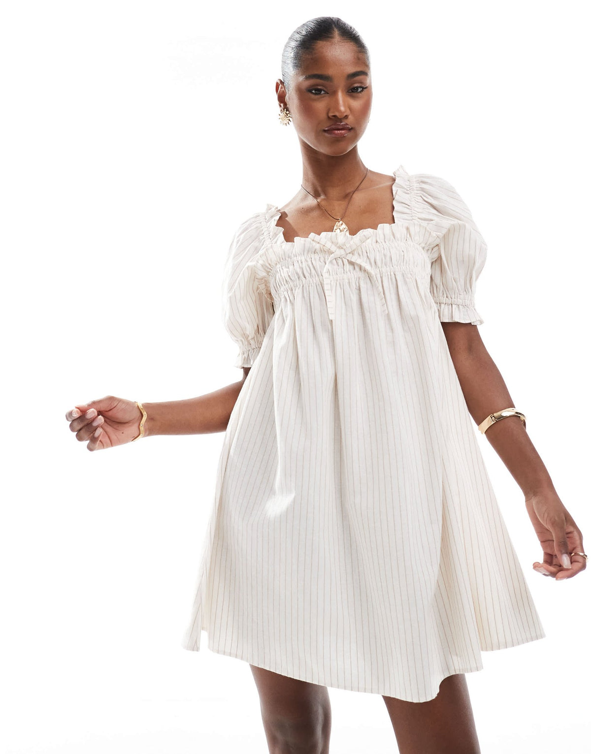 Miss Selfridge yarn dyed stripe smock dress in beige stripe - ASOS Sample Sale