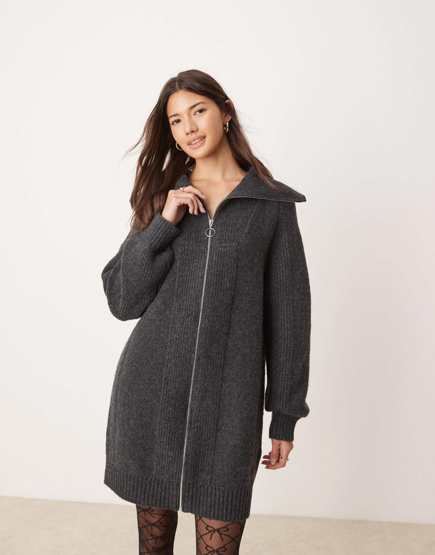 Miss Selfridge zip detail cable mini dress in charcoal - ASOS Sample Sale