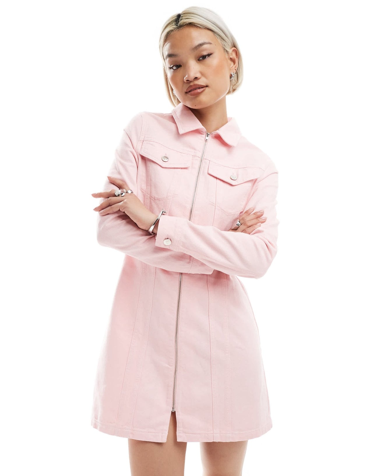 Miss Selfridge zip up denim mini dress in light pink - ASOS Sample Sale