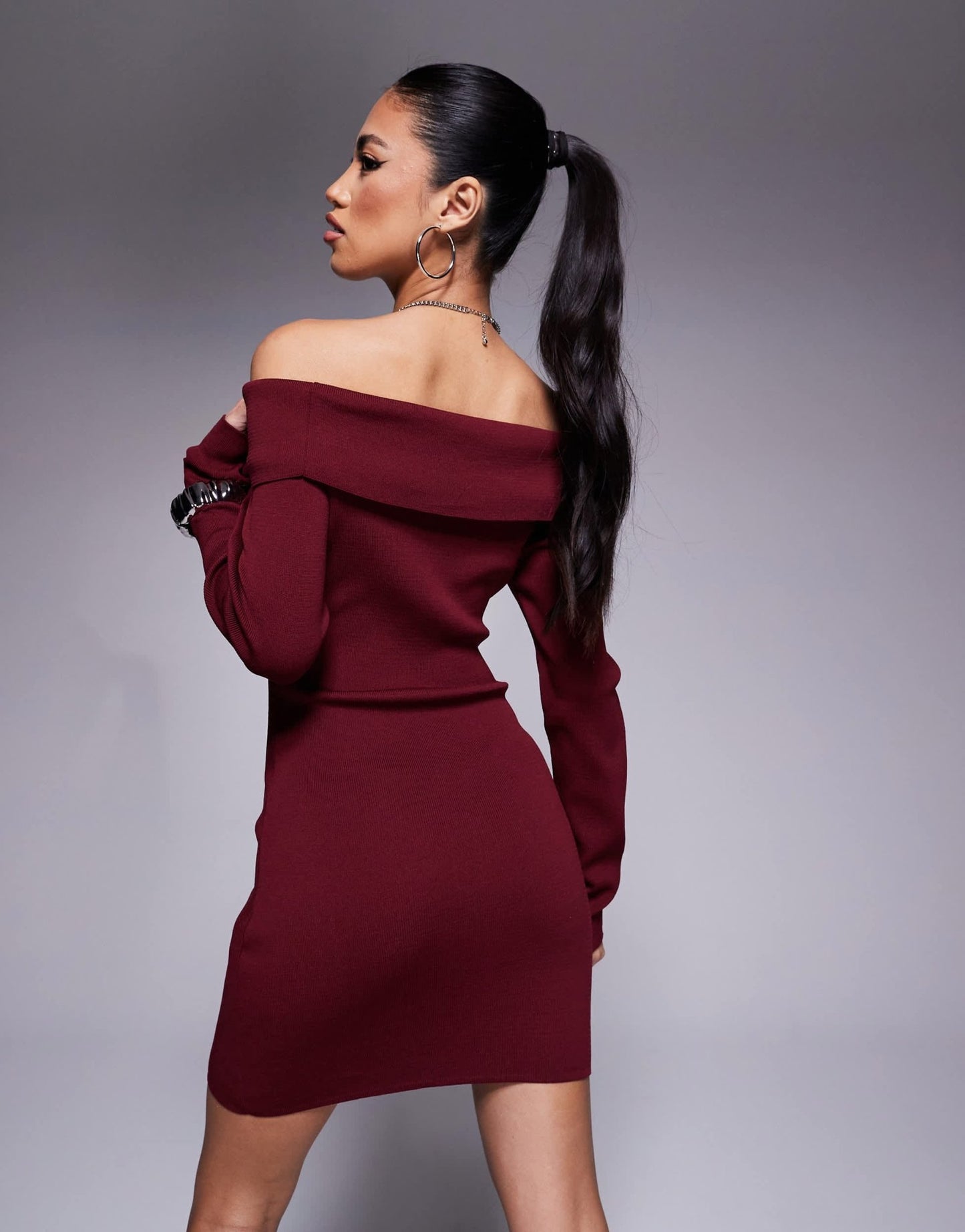 Missyempire bardot knitted bodycon mini jumper dress in burgundy - ASOS Sample Sale
