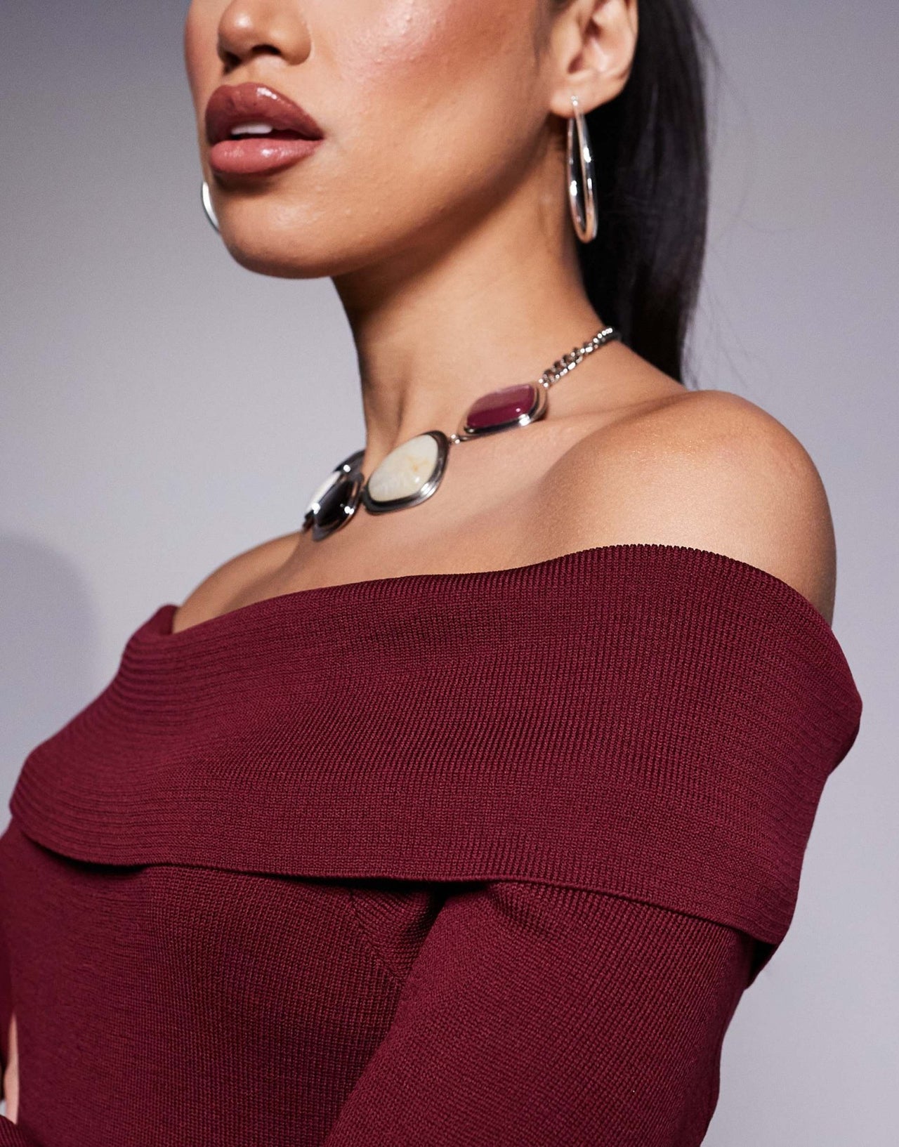 Missyempire bardot knitted bodycon mini jumper dress in burgundy - ASOS Sample Sale