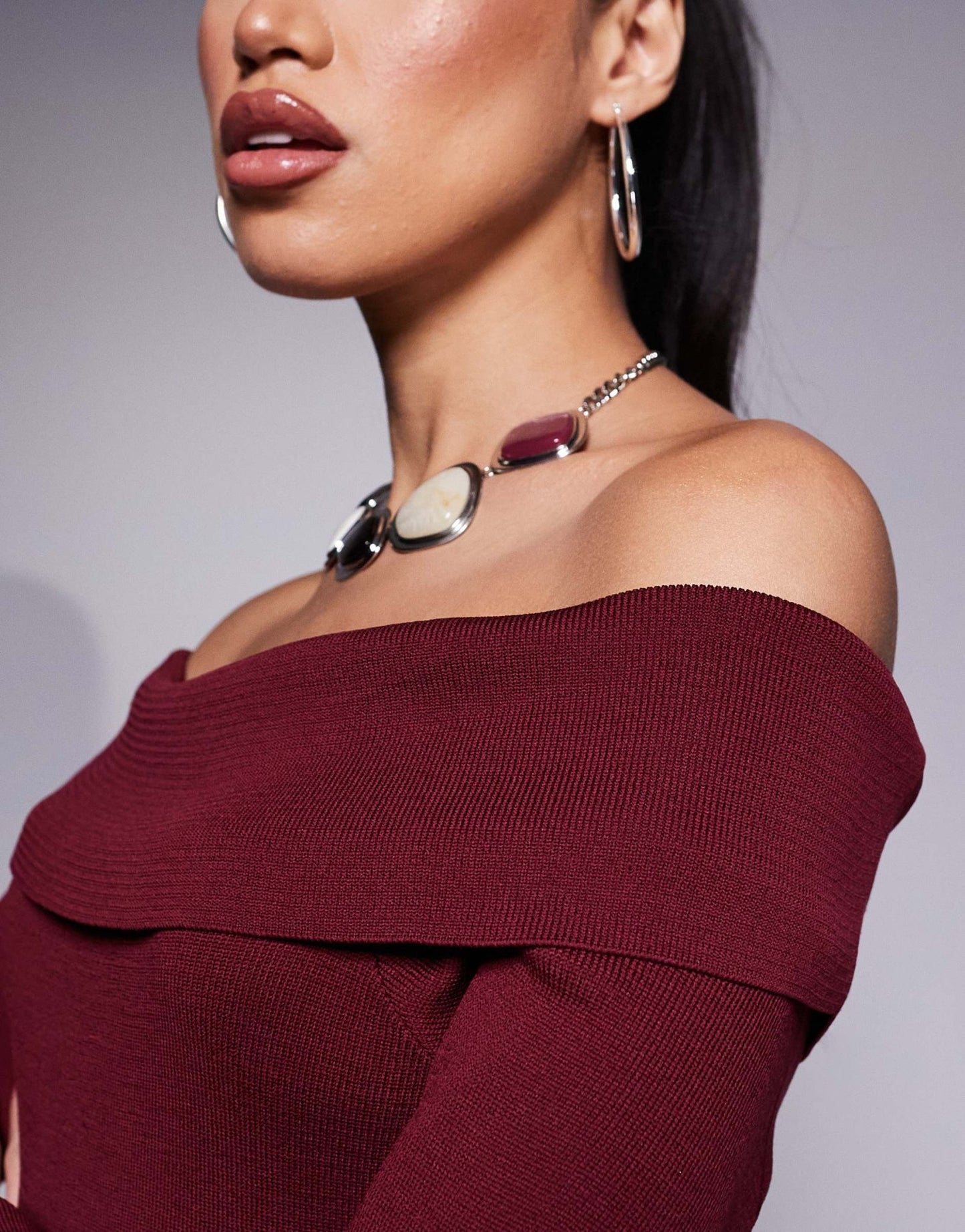 Missyempire bardot knitted bodycon mini jumper dress in burgundy - ASOS Sample Sale