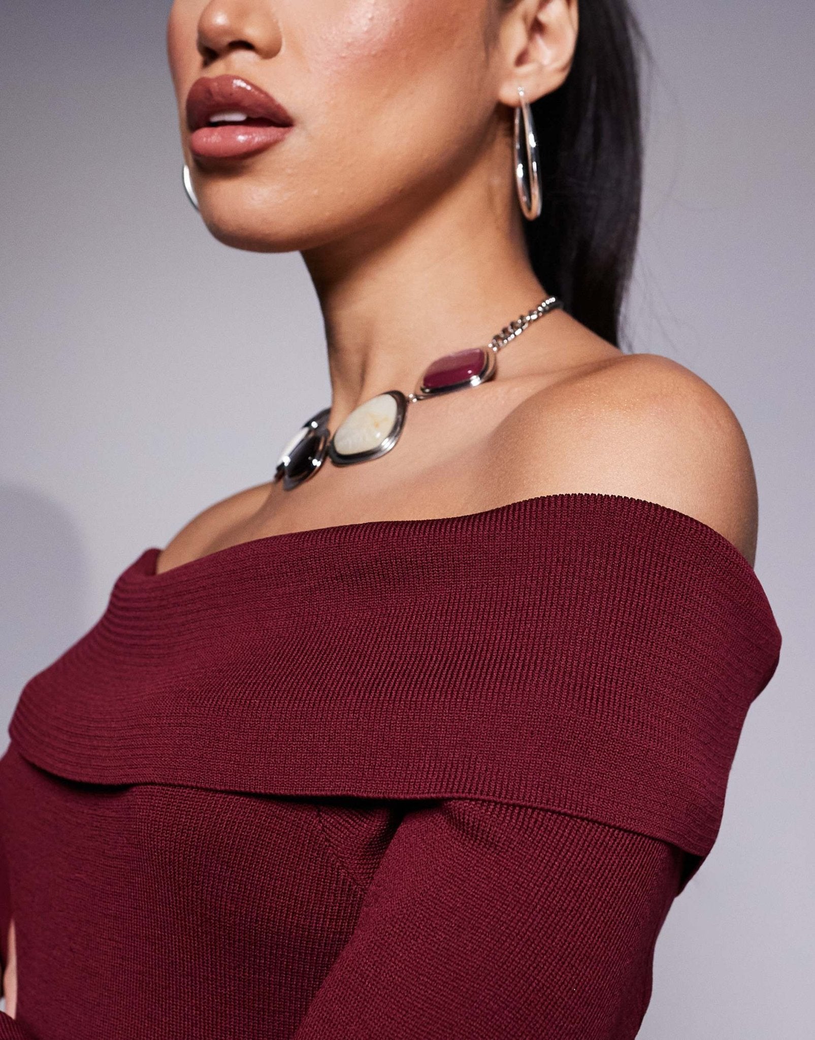 Missyempire bardot knitted bodycon mini jumper dress in burgundy - ASOS Sample Sale