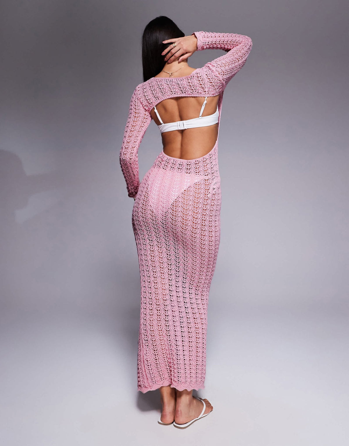 Missyempire beach crochet knit open back maxi dress in pink - ASOS Sample Sale