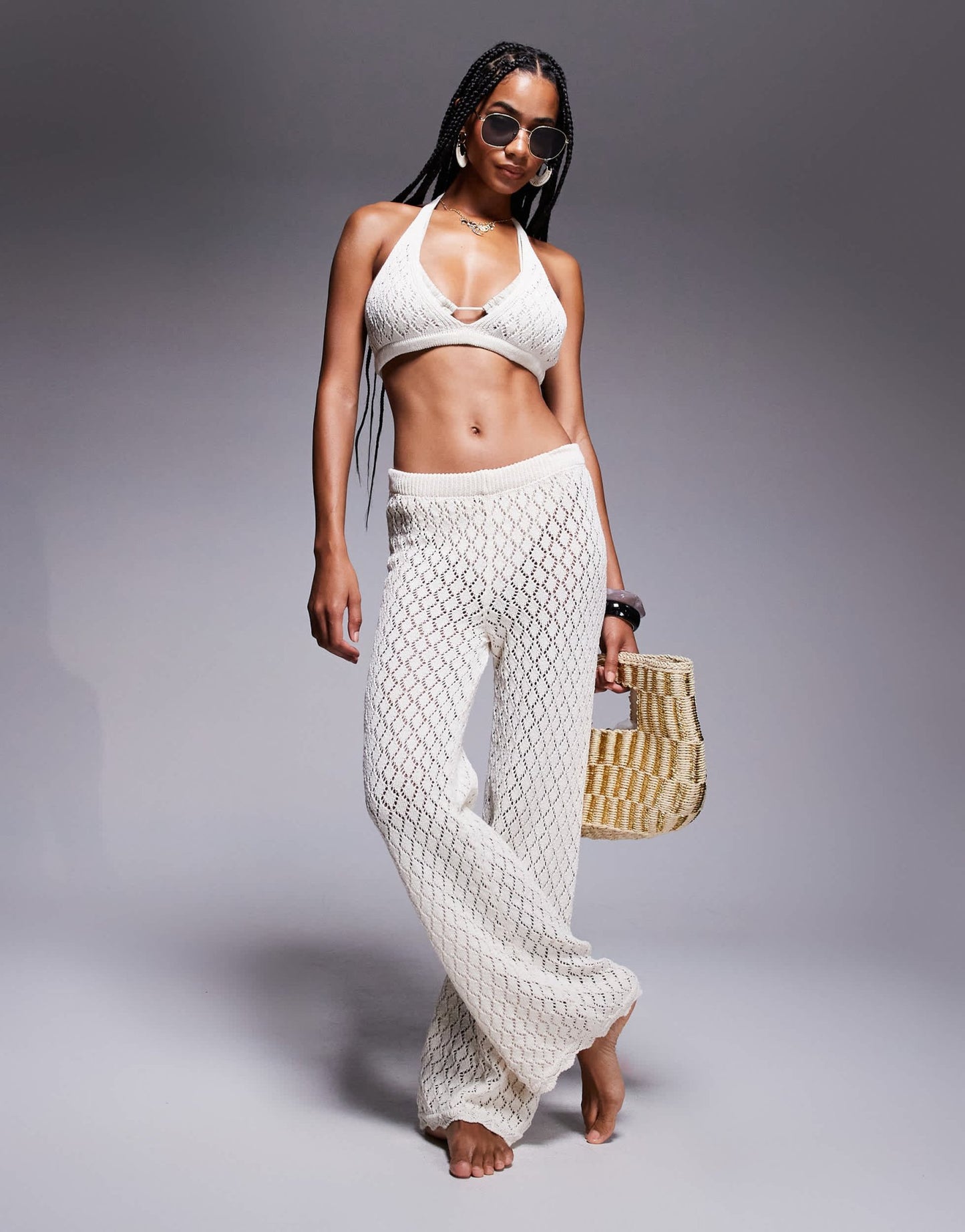 Missyempire beach knitted tie back bralet co-ord in cream - ASOS Sample Sale