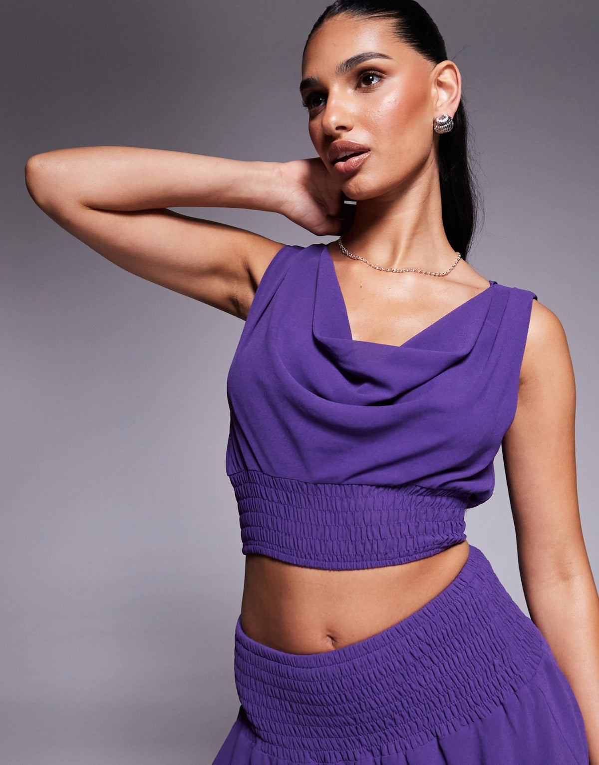 Missyempire chiffon cowl neck shirred top co-ord in purple - ASOS Sample Sale