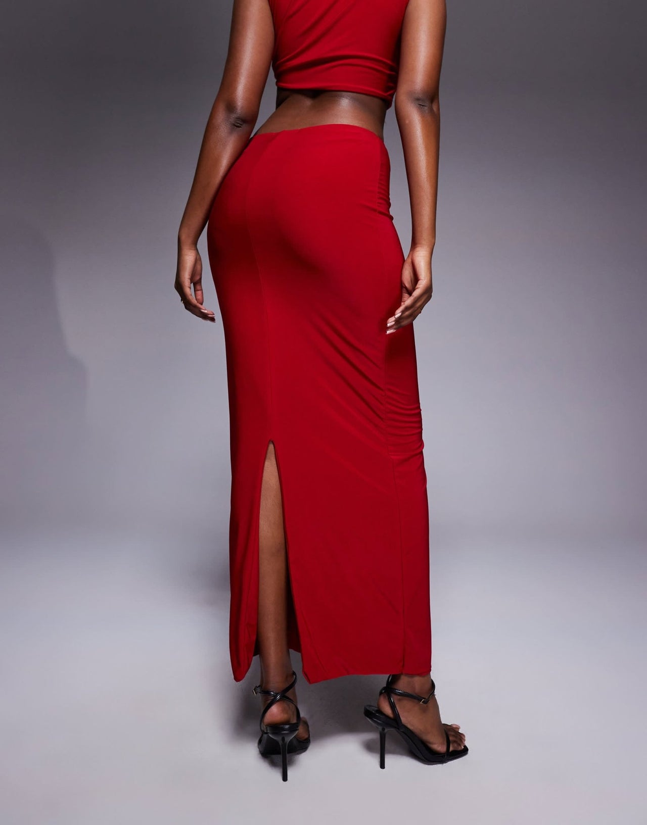 Missyempire double layered slinky high waisted maxi skirt co-ord in red - ASOS Sample Sale