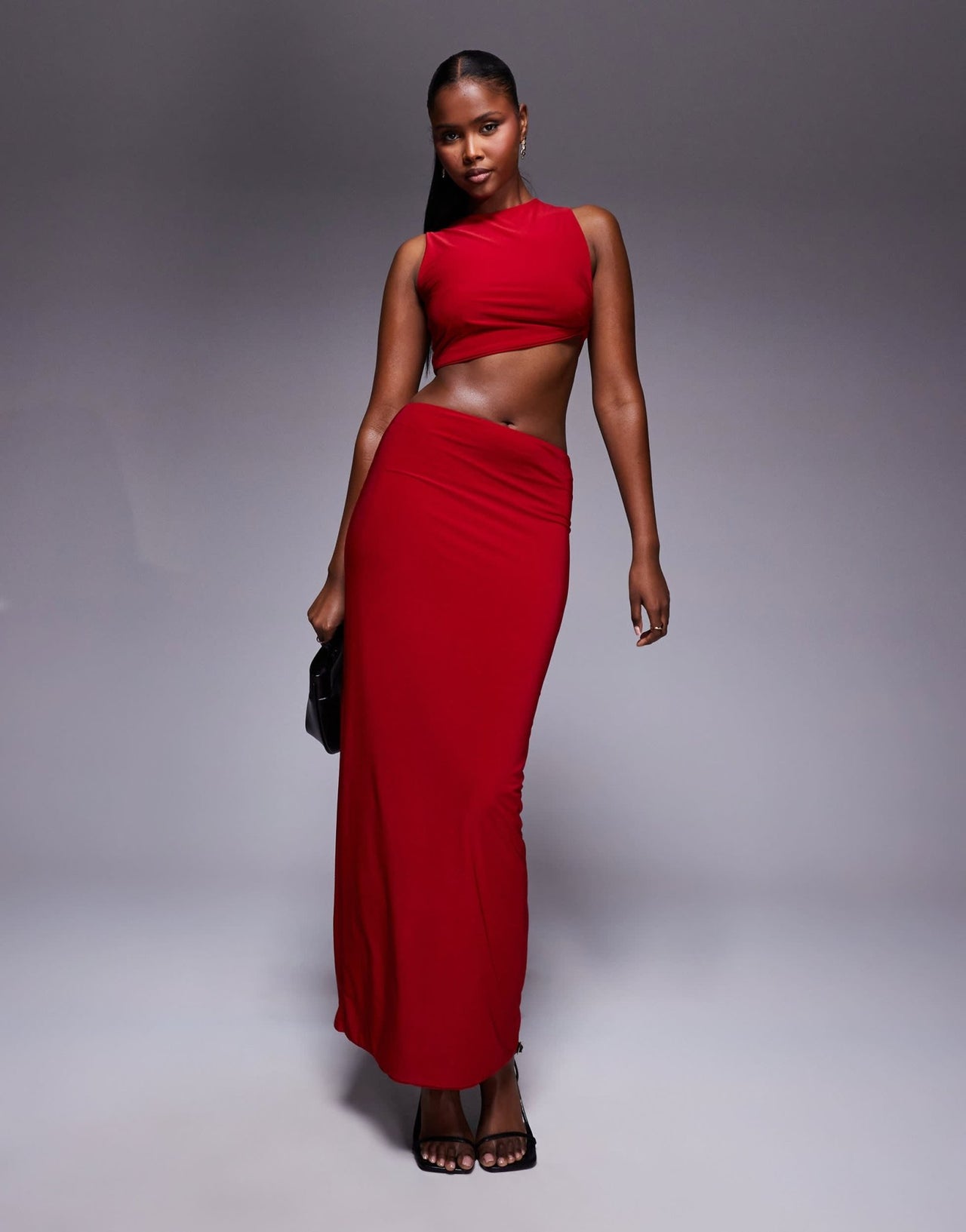 Missyempire double layered slinky high waisted maxi skirt co-ord in red - ASOS Sample Sale
