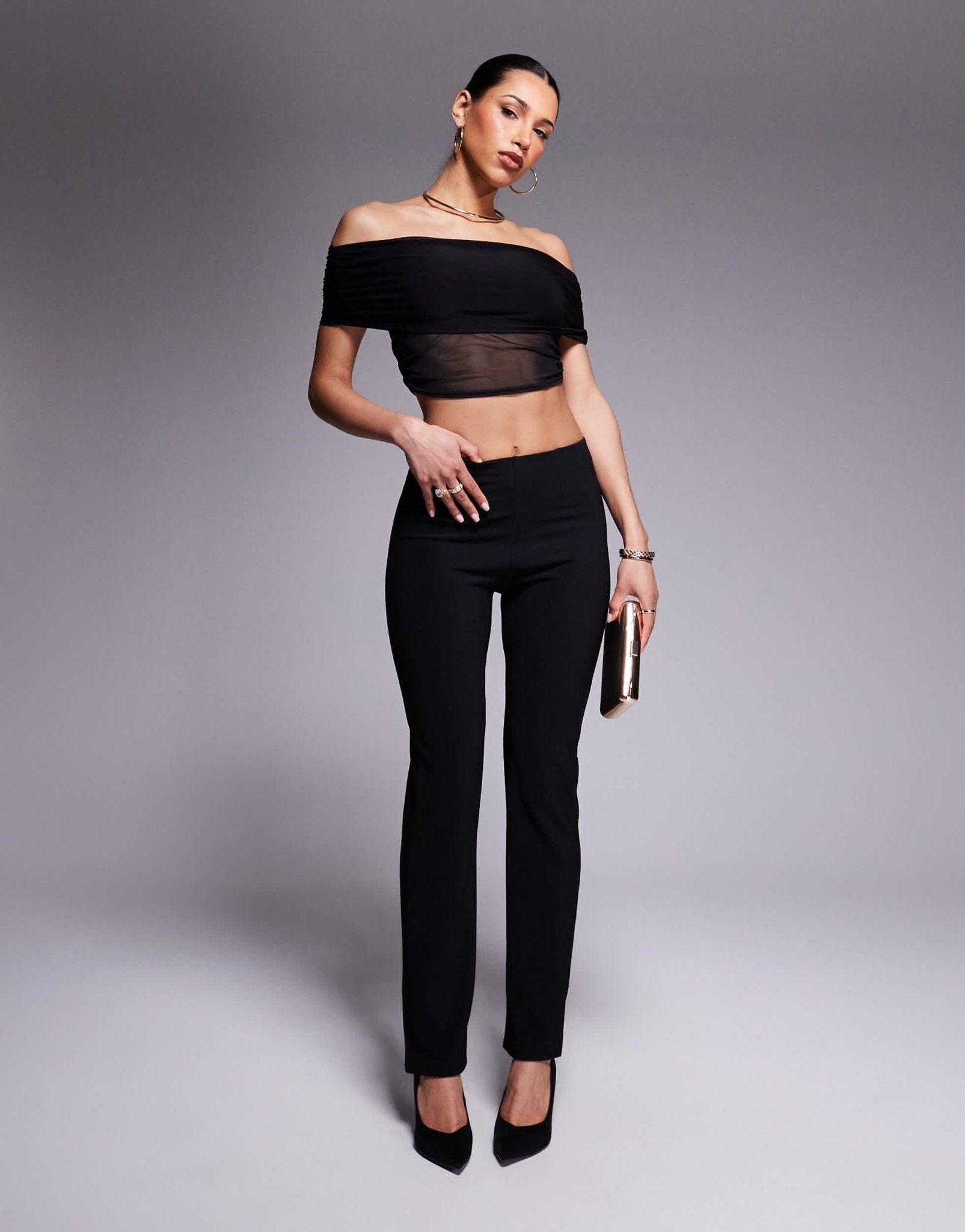 Missyempire double layered slinky mesh detail bardot fold over top in black - ASOS Sample Sale