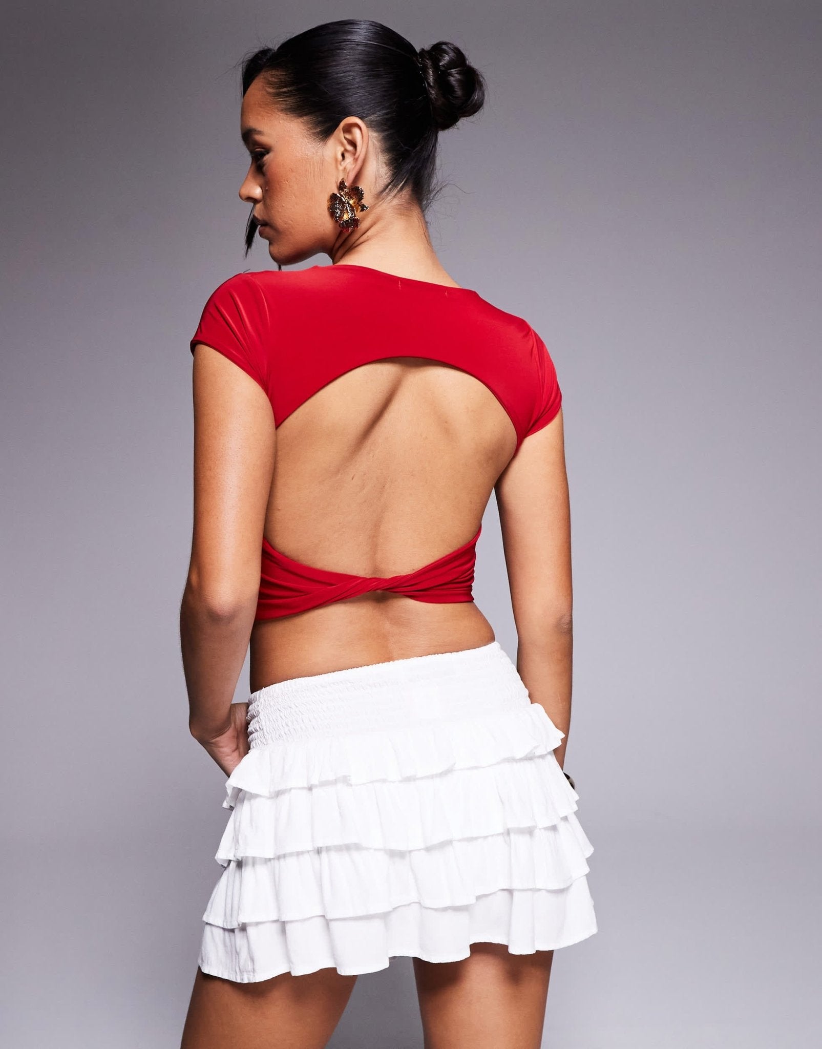 Missyempire double layered slinky open back twist detail top in red - ASOS Sample Sale