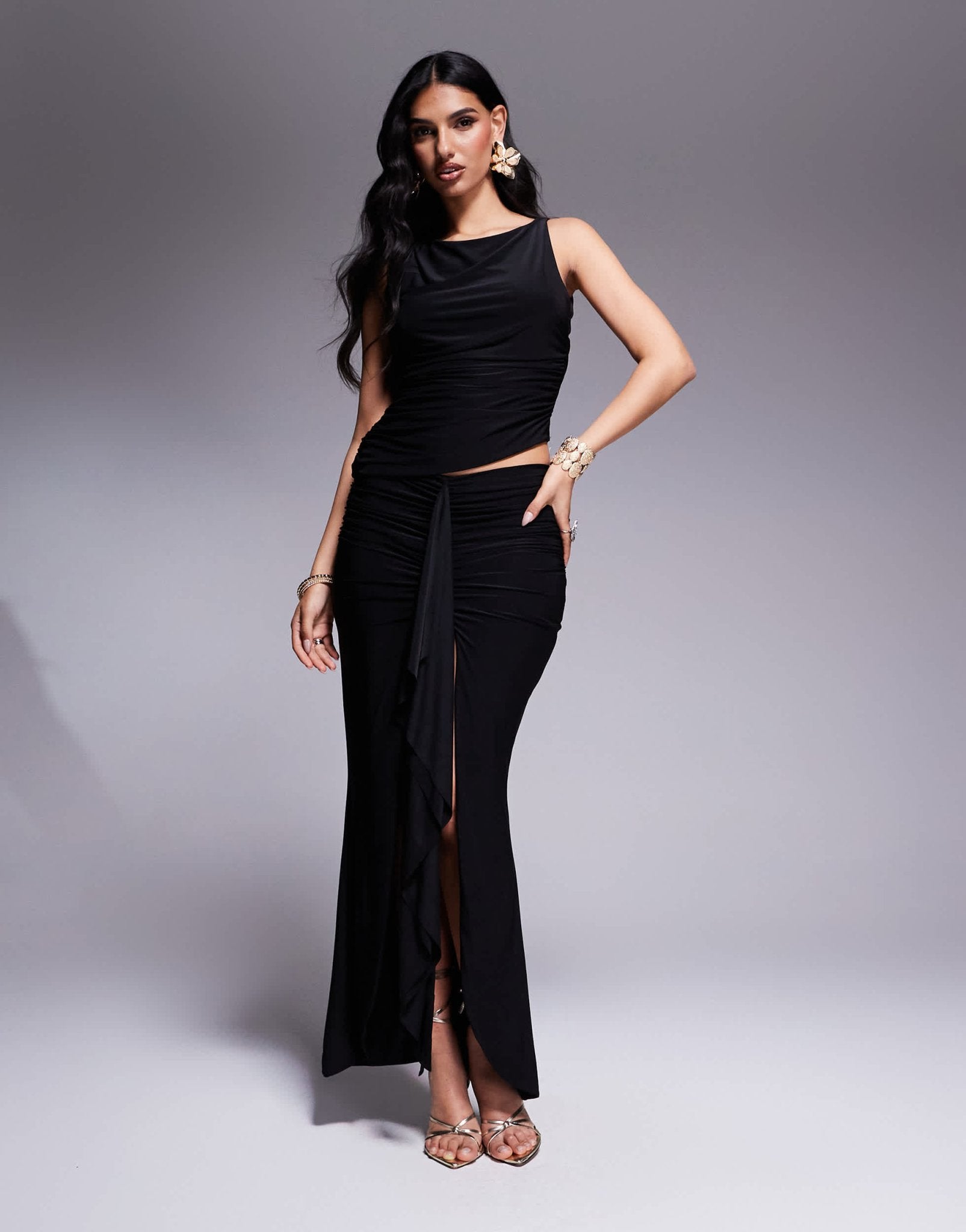Missyempire double layered slinky twist shoulder open back top in black - ASOS Sample Sale