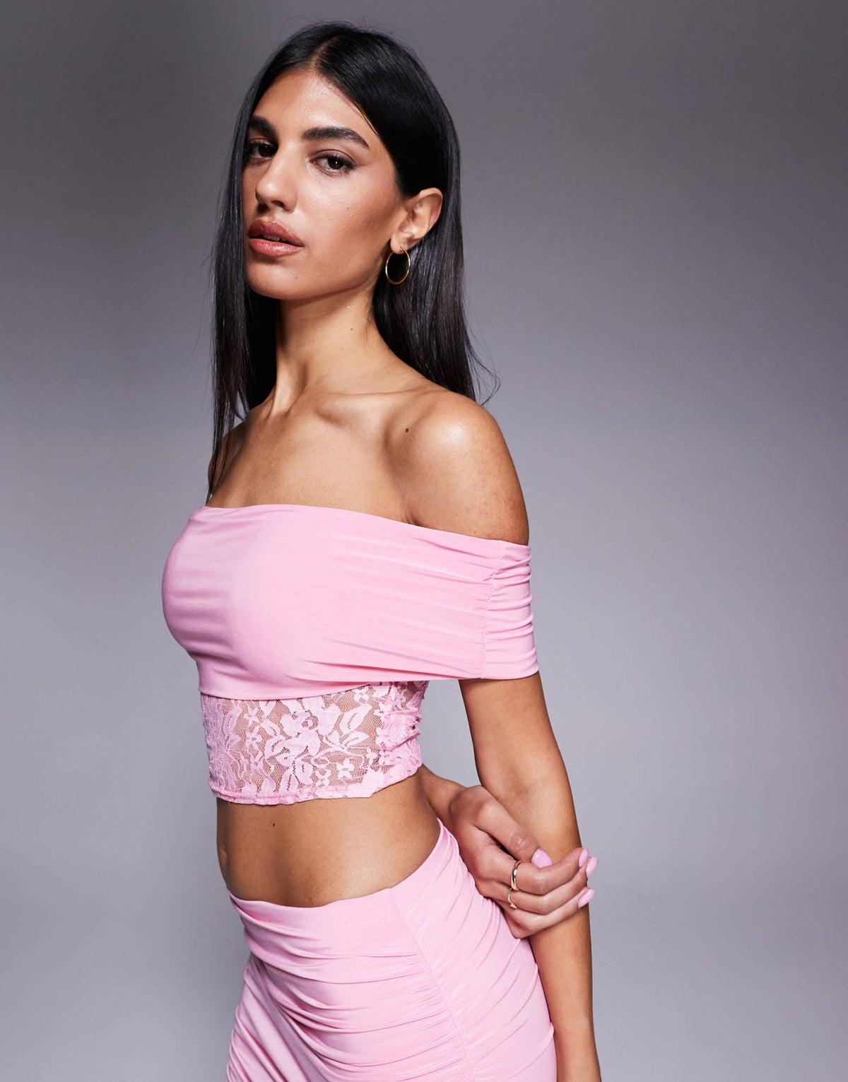 Missyempire double sculpted slinky deep bardot lace top co-ord in pink - ASOS Sample Sale