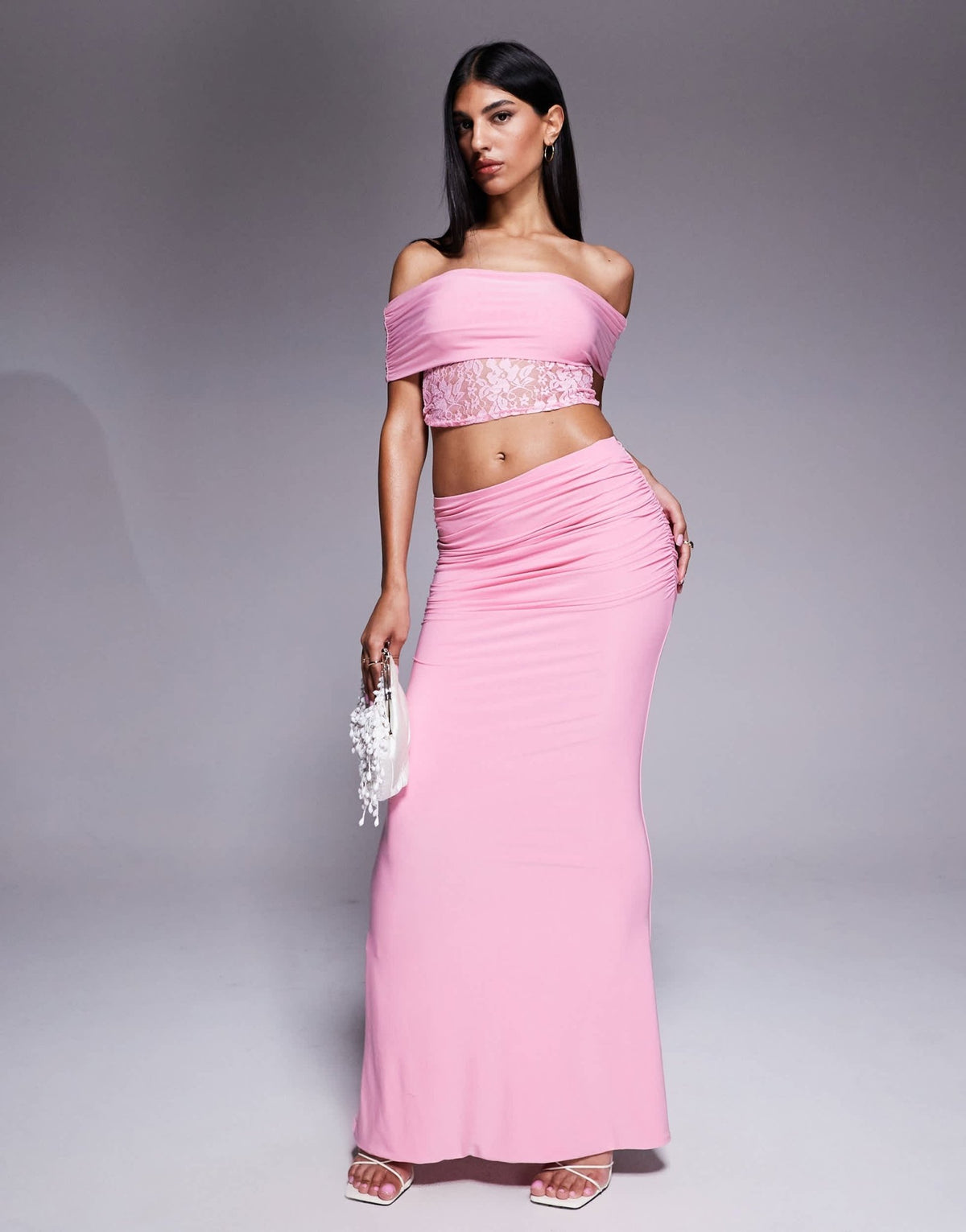 Missyempire double sculpted slinky deep bardot lace top co-ord in pink - ASOS Sample Sale