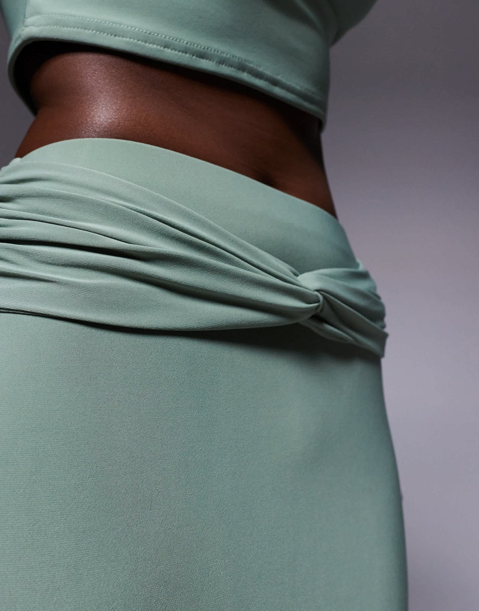Missyempire double sculpted slinky knot front maxi skirt co-ord in sage - ASOS Sample Sale