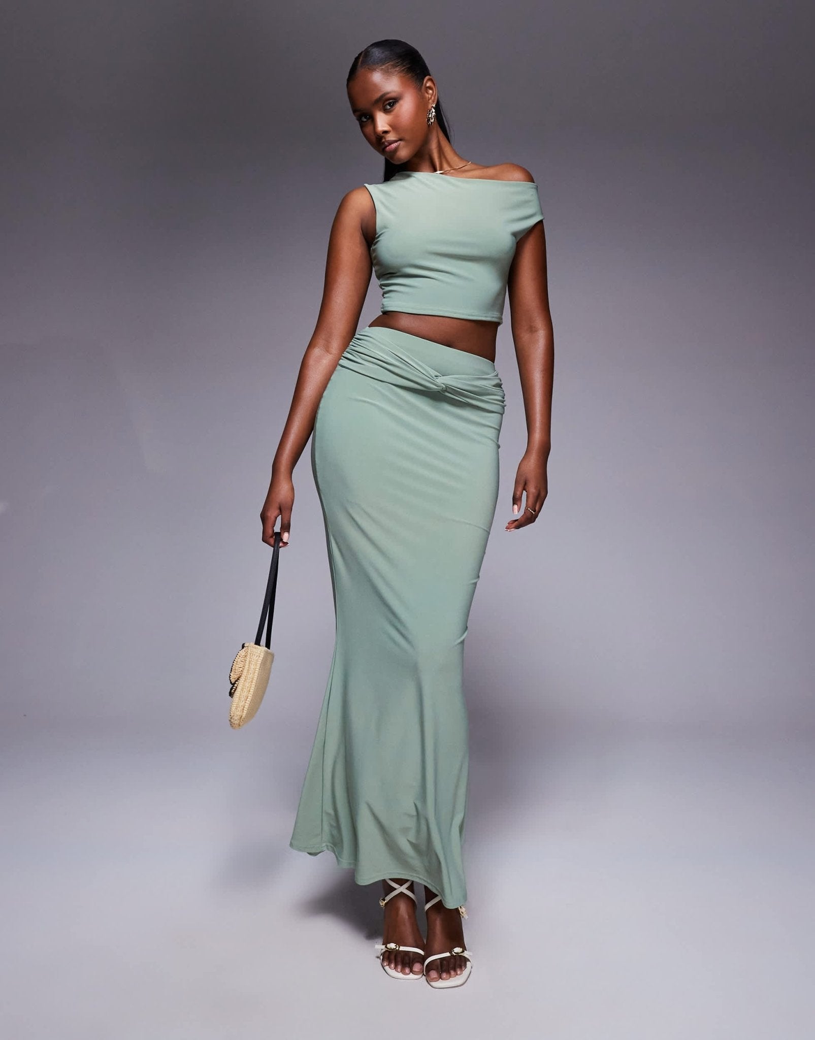 Missyempire double sculpted slinky knot front maxi skirt co-ord in sage - ASOS Sample Sale