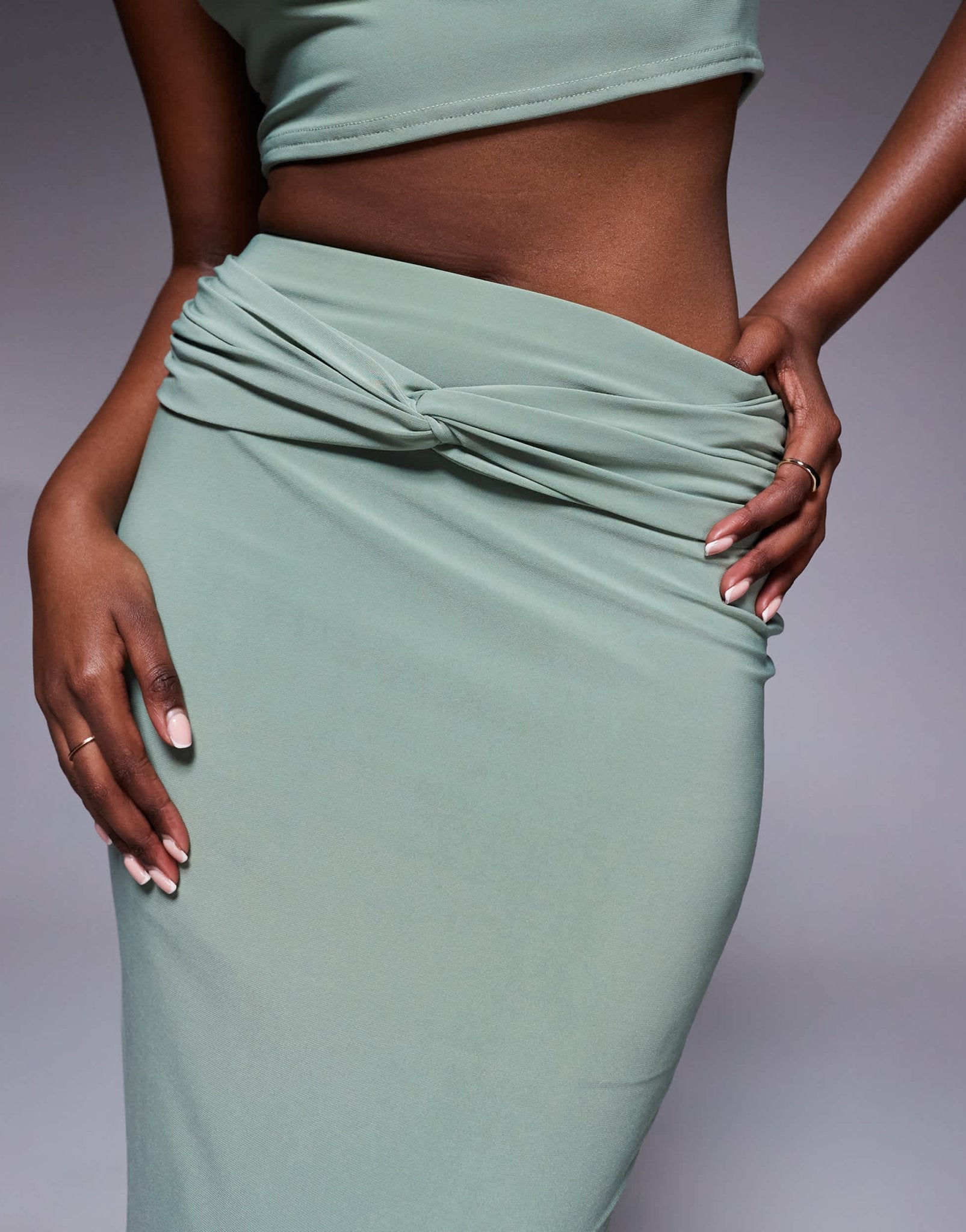 Missyempire double sculpted slinky knot front maxi skirt co-ord in sage - ASOS Sample Sale