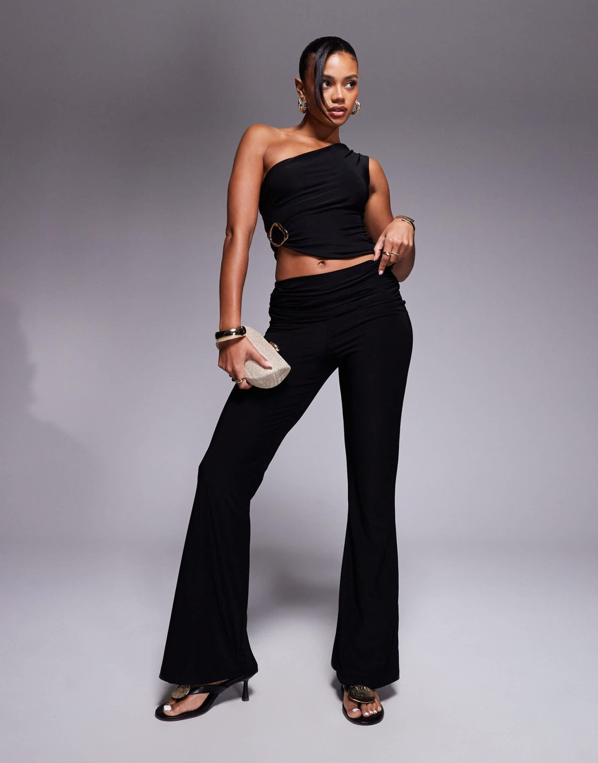 Missyempire double sculpted slinky one shoulder asymmetric hem gold buckle top co-ord in black - ASOS Sample Sale