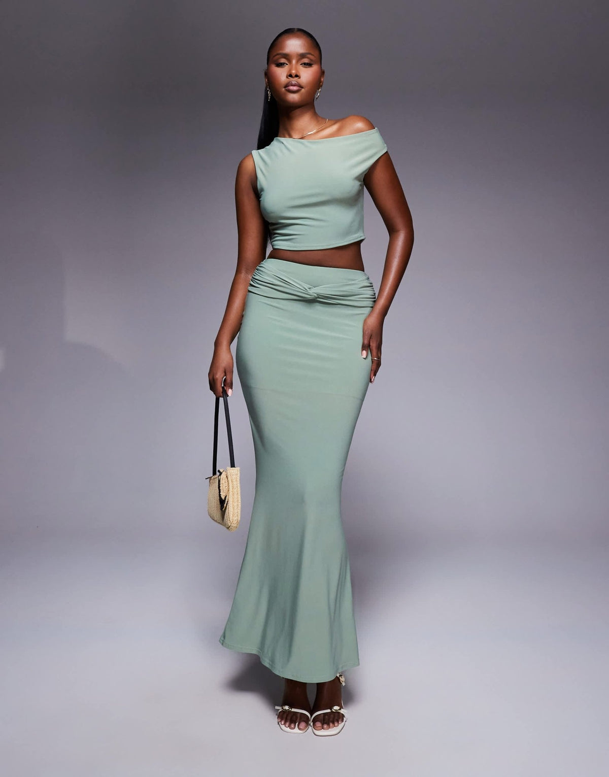 Missyempire double sculpted slinky one shoulder top co-ord in sage - ASOS Sample Sale