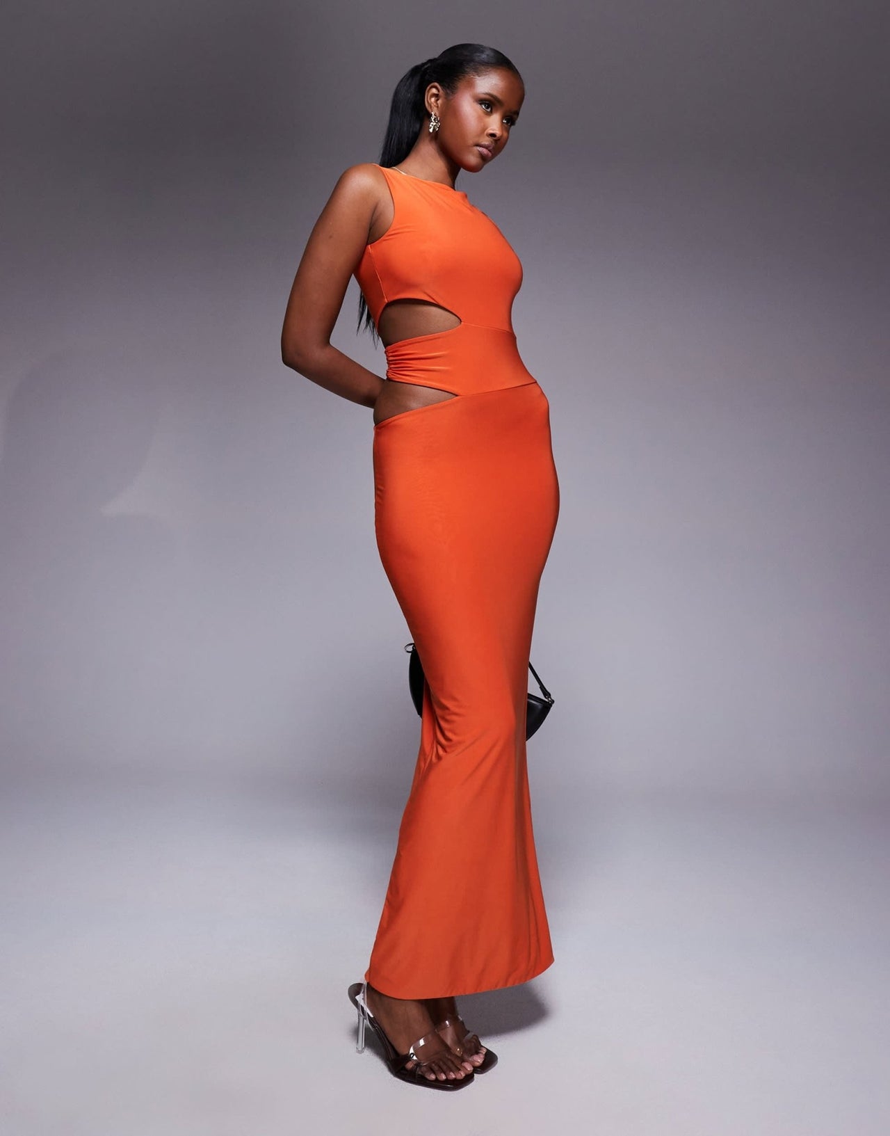 Missyempire double sculpted slinky side cut out maxi dress in orange - ASOS Sample Sale