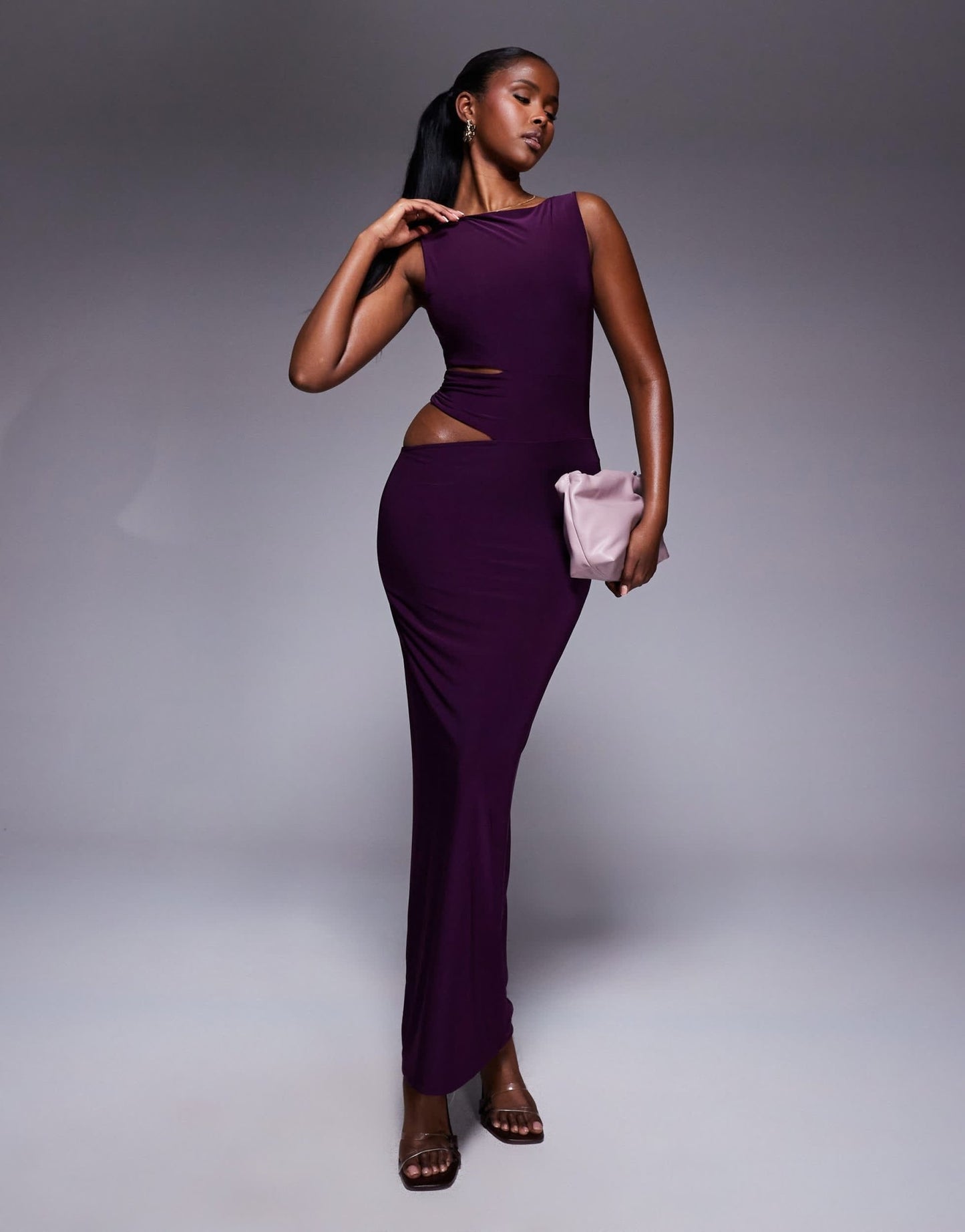 Missyempire double sculpted slinky side cut out maxi dress in purple – ASOS Sample Sale