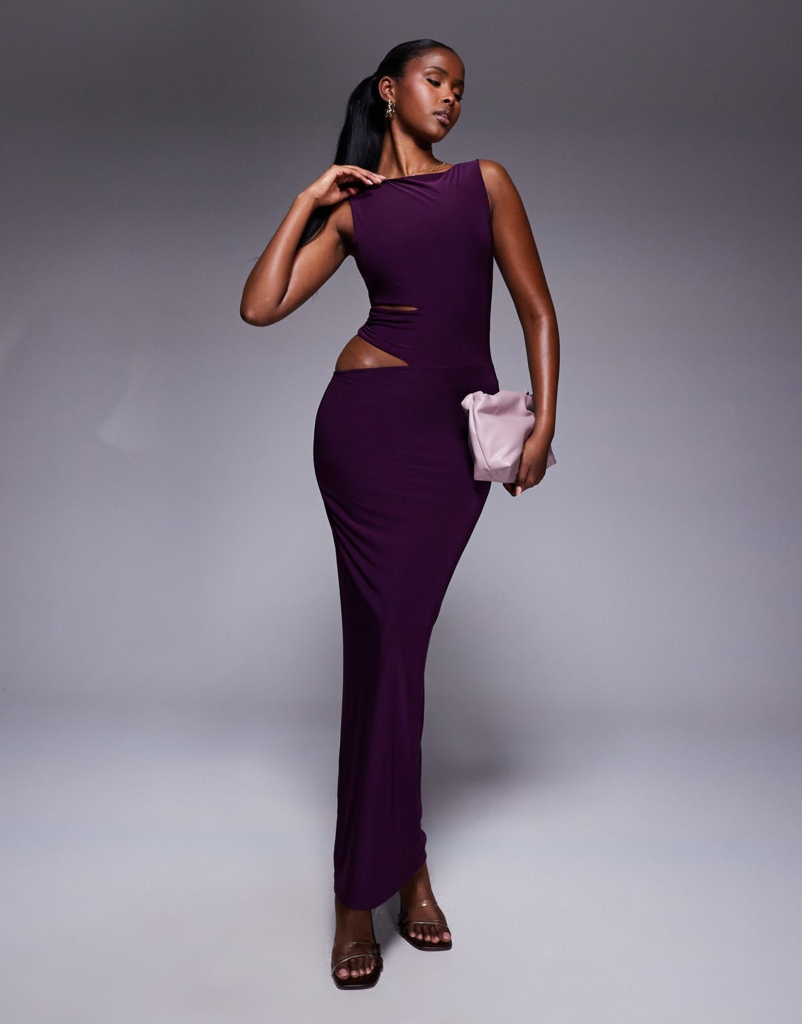 Missyempire double sculpted slinky side cut out maxi dress in purple - ASOS Sample Sale