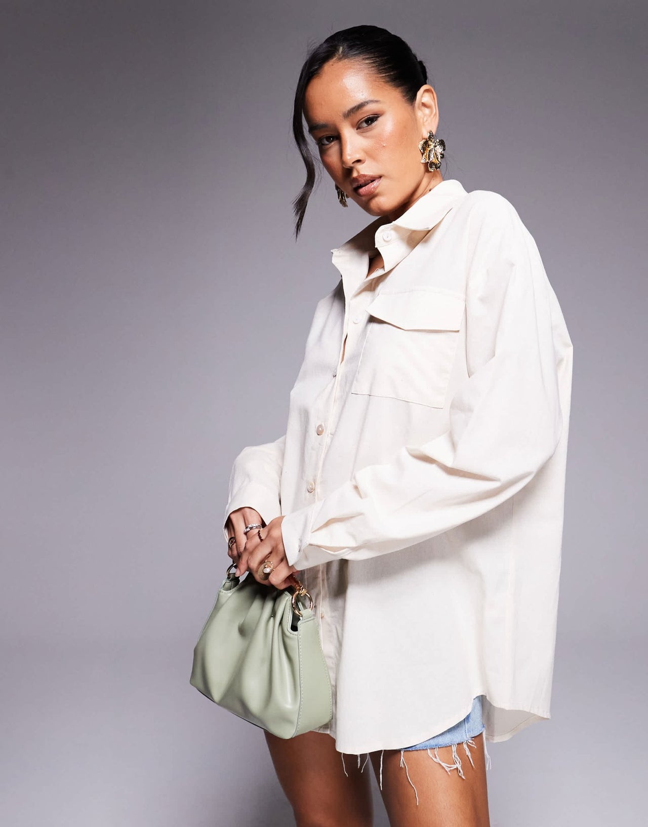 Missyempire linen look pocket front shirt in cream - ASOS Sample Sale