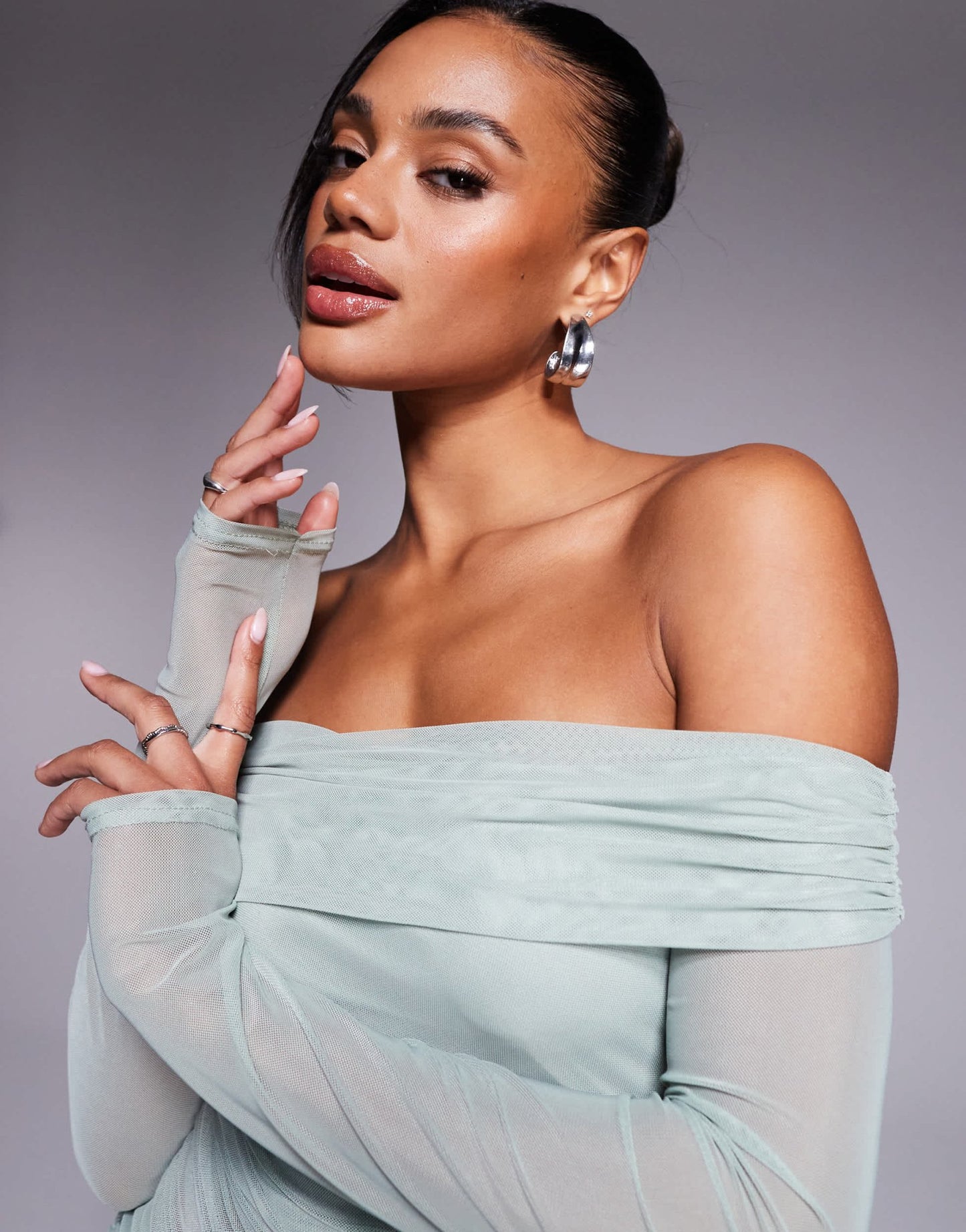 Missyempire mesh insert bardot mini dress in sage - ASOS Sample Sale