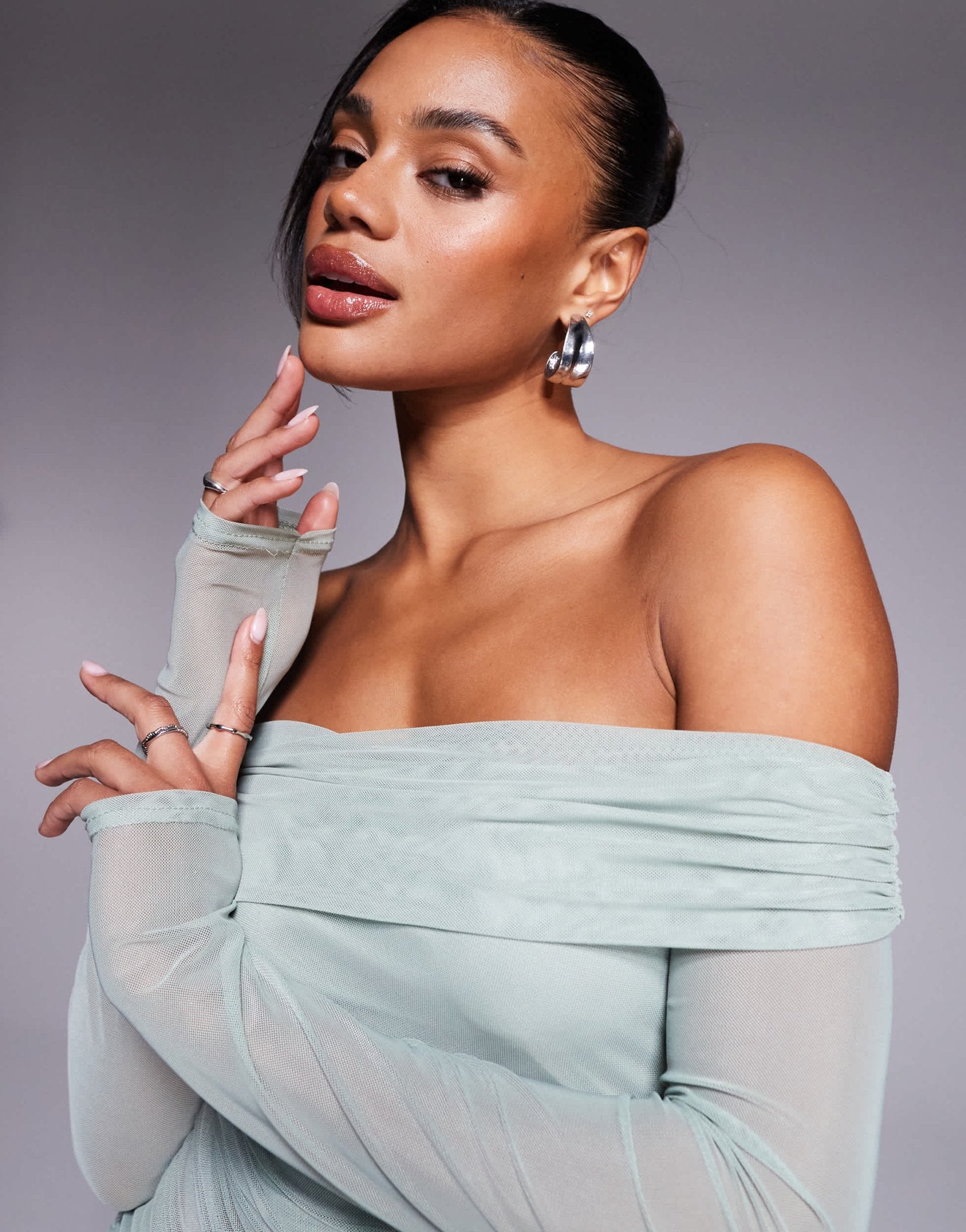 Missyempire mesh insert bardot mini dress in sage - ASOS Sample Sale