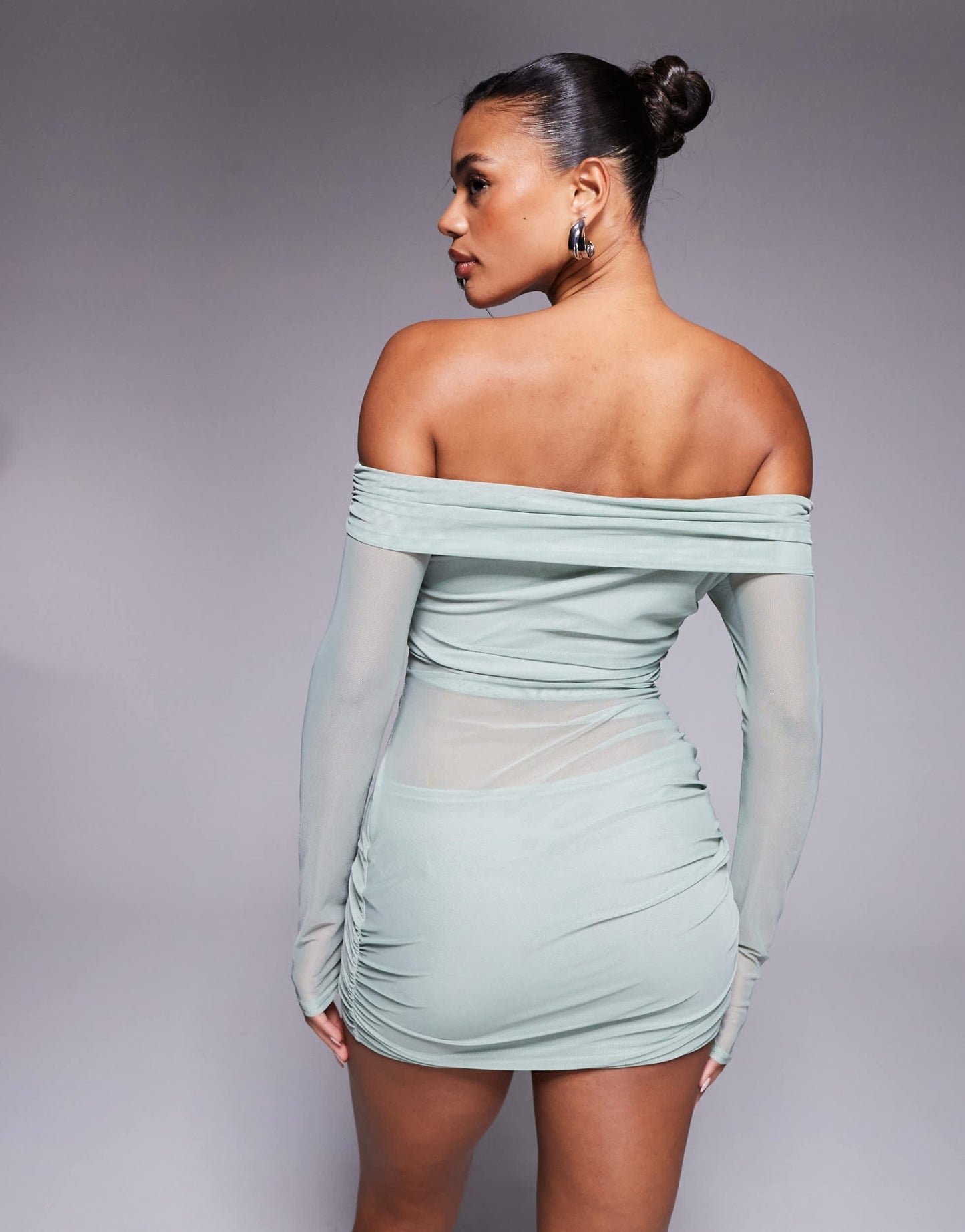 Missyempire mesh insert bardot mini dress in sage - ASOS Sample Sale
