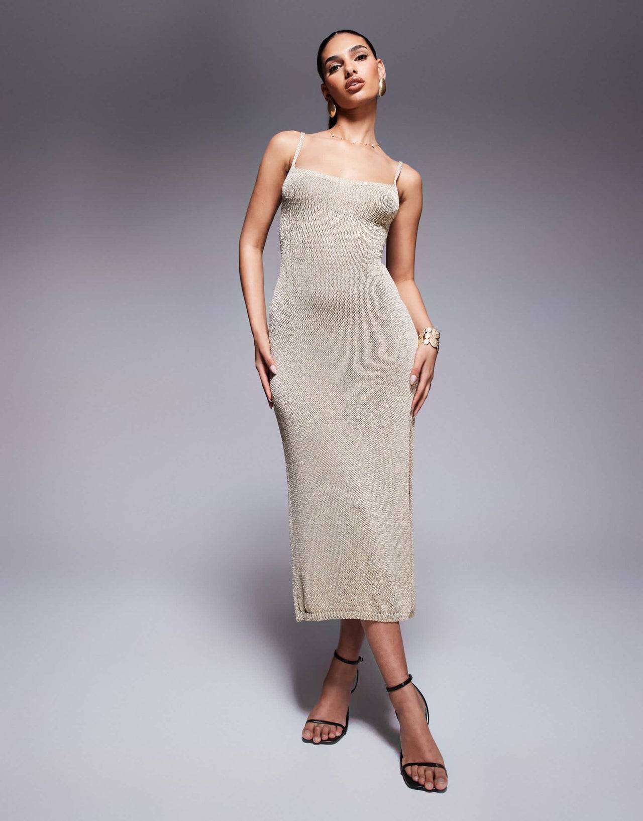 Missyempire metallic knitted lace up back side slit midi dress in gold