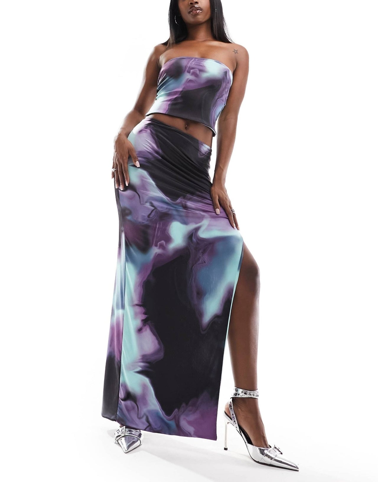 Missyempire slinky maxi side split maxi skirt co - ord in purple marble print - ASOS Sample Sale