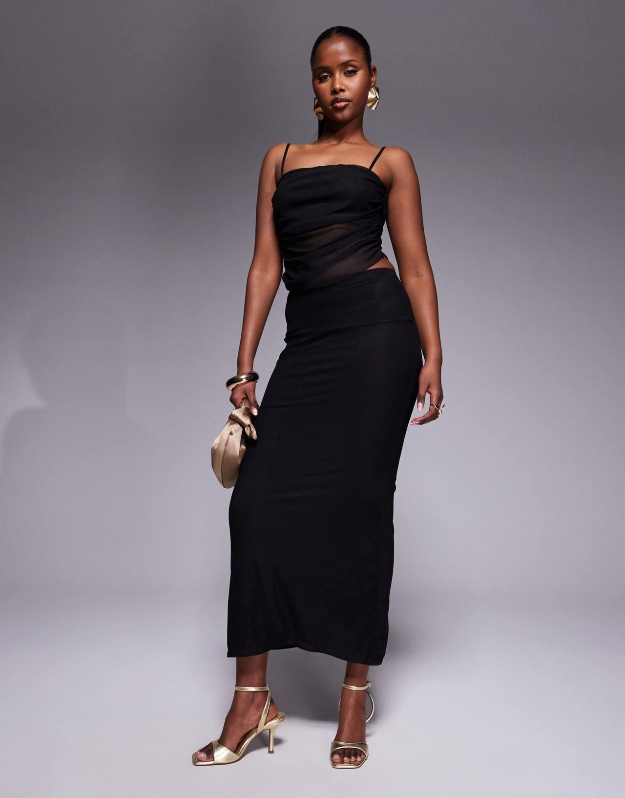 Missyempire slinky square neck ruched mesh detail top co-ord in black - ASOS Sample Sale