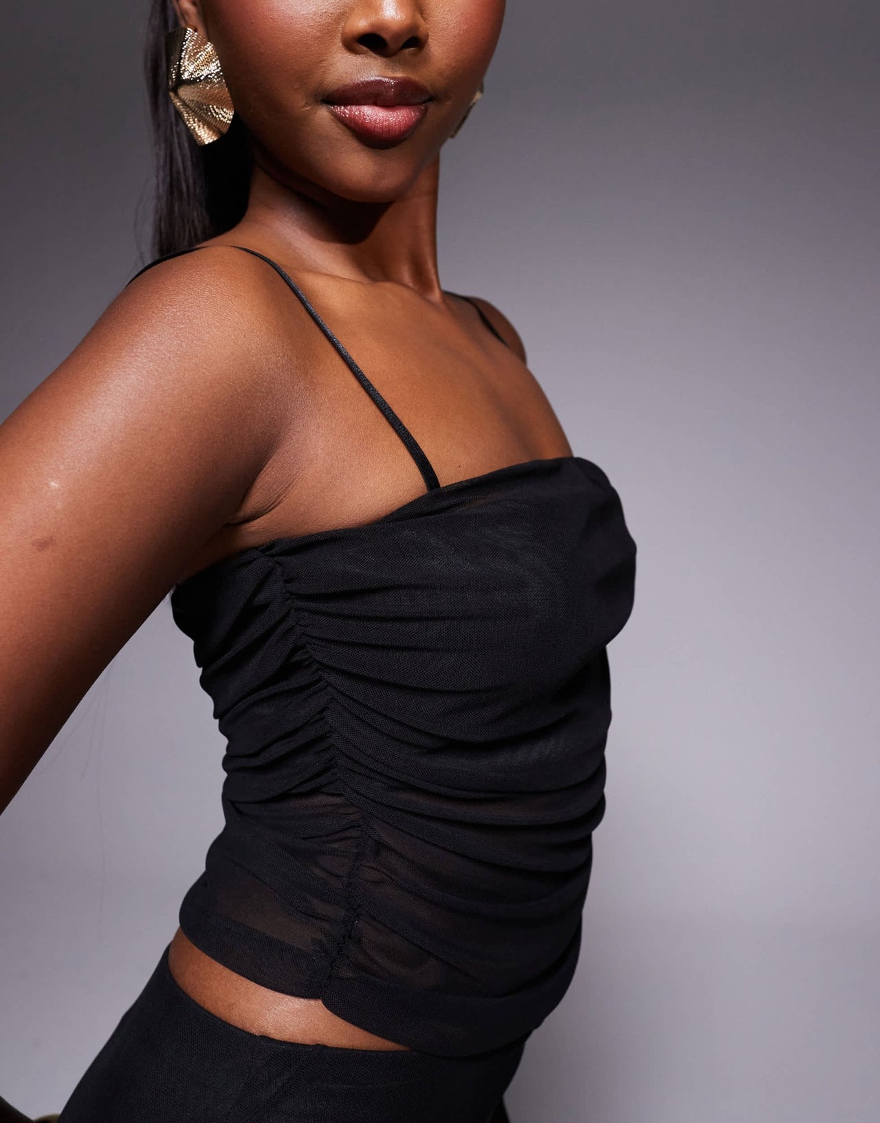 Missyempire slinky square neck ruched mesh detail top co-ord in black - ASOS Sample Sale