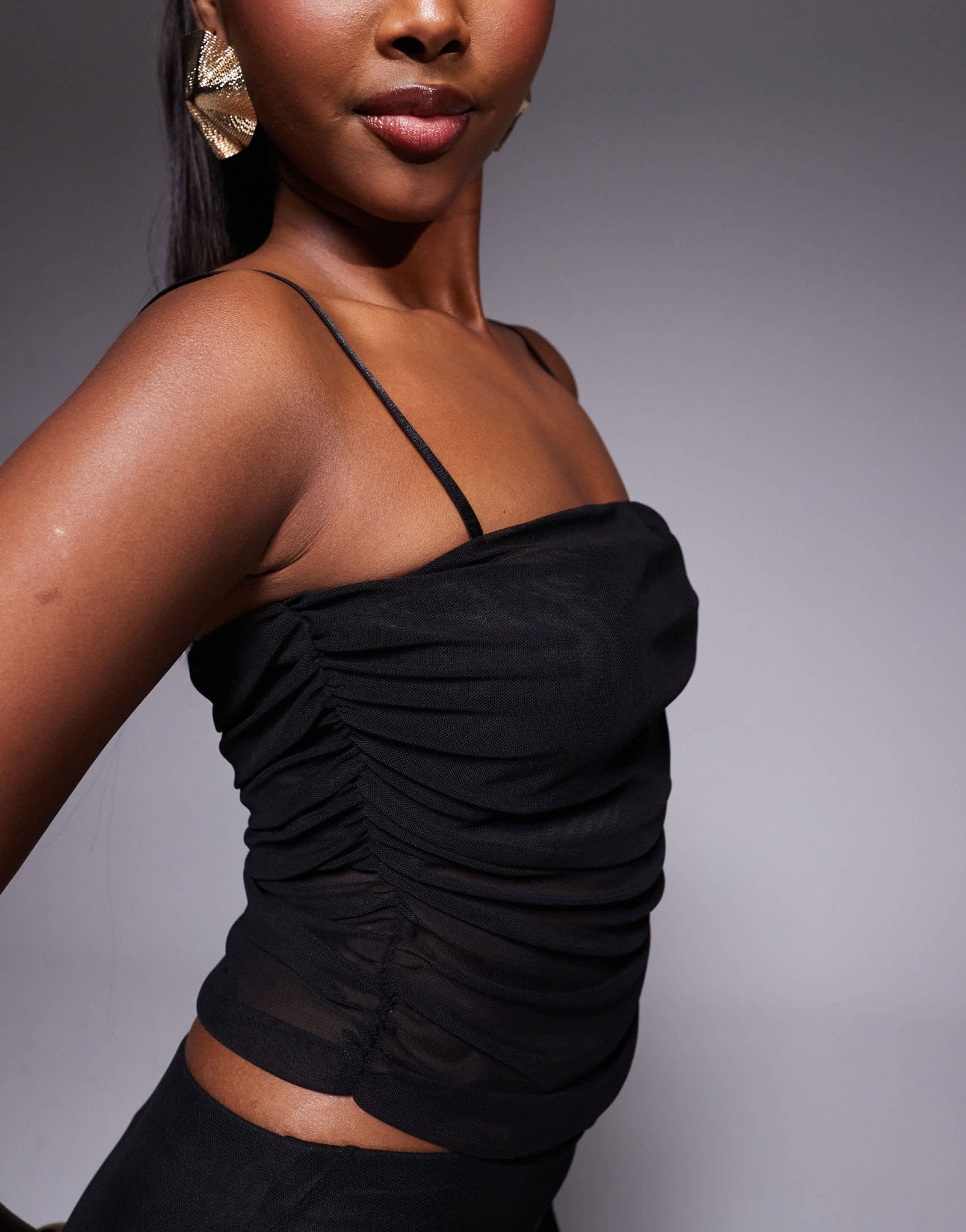 Missyempire slinky square neck ruched mesh detail top co-ord in black - ASOS Sample Sale