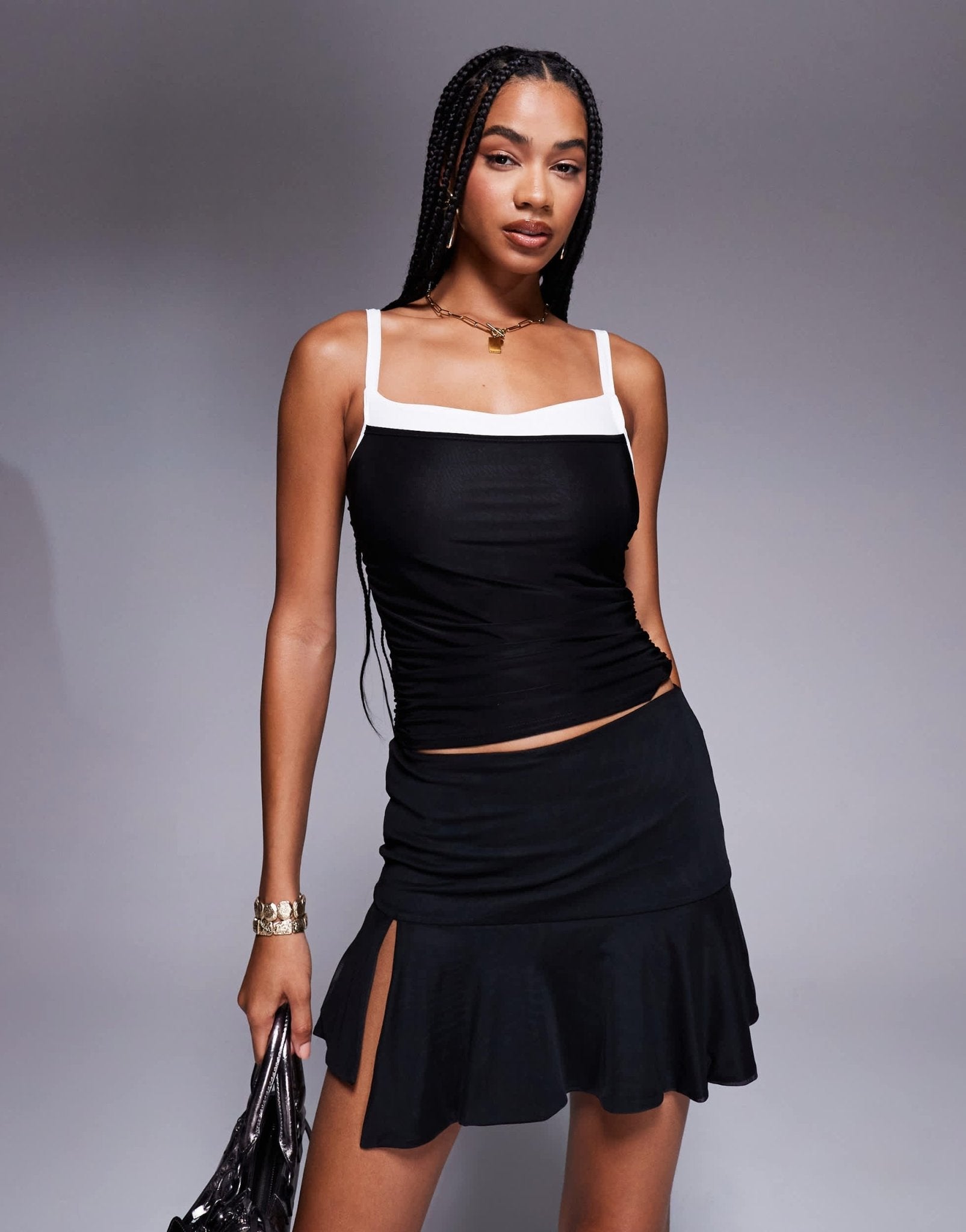 Missyempire slinky sweetheart neckline top in black mono - ASOS Sample Sale
