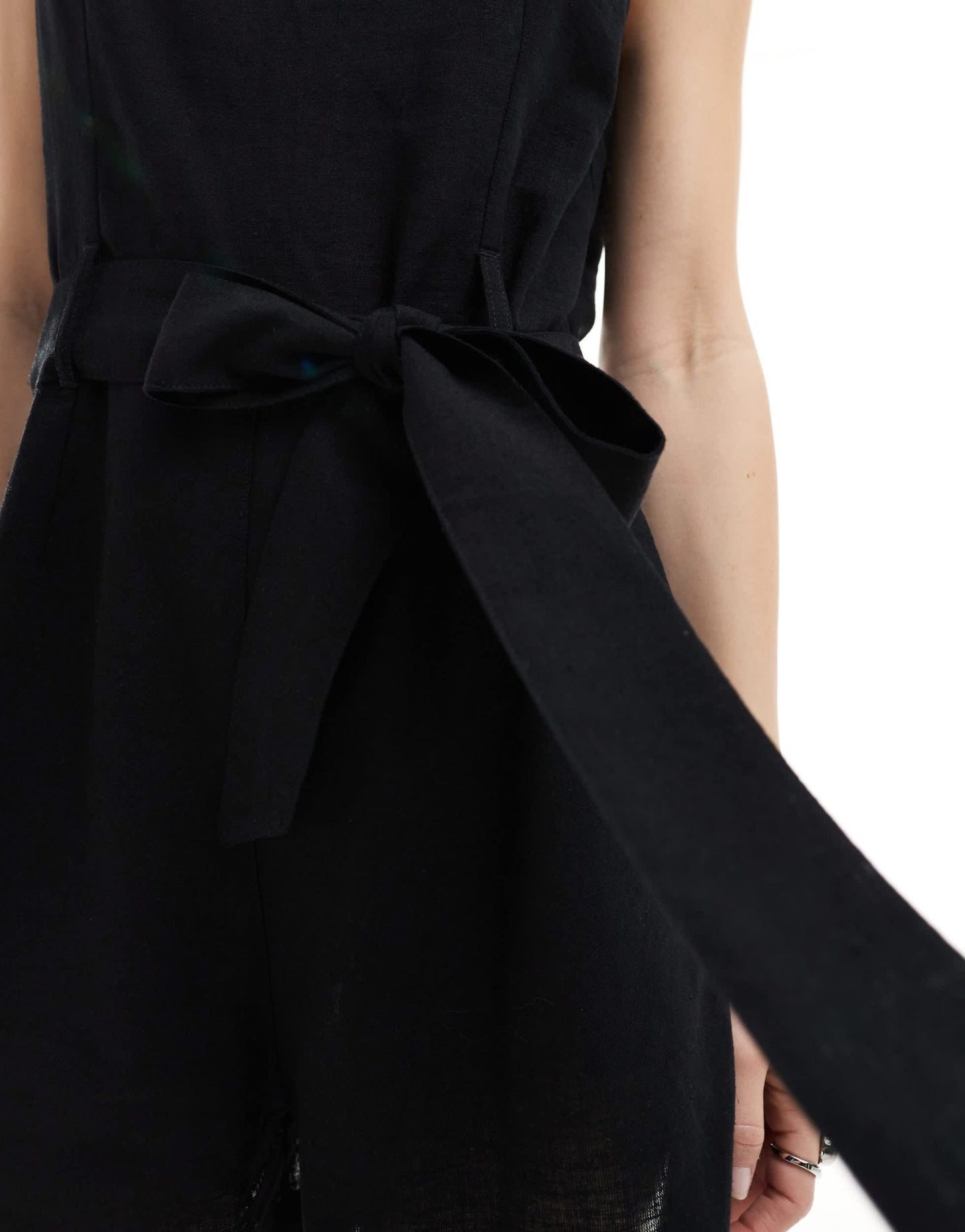 Monki beach linen sleeveless playsuit with tie belt detail in black - ASOS Sample Sale