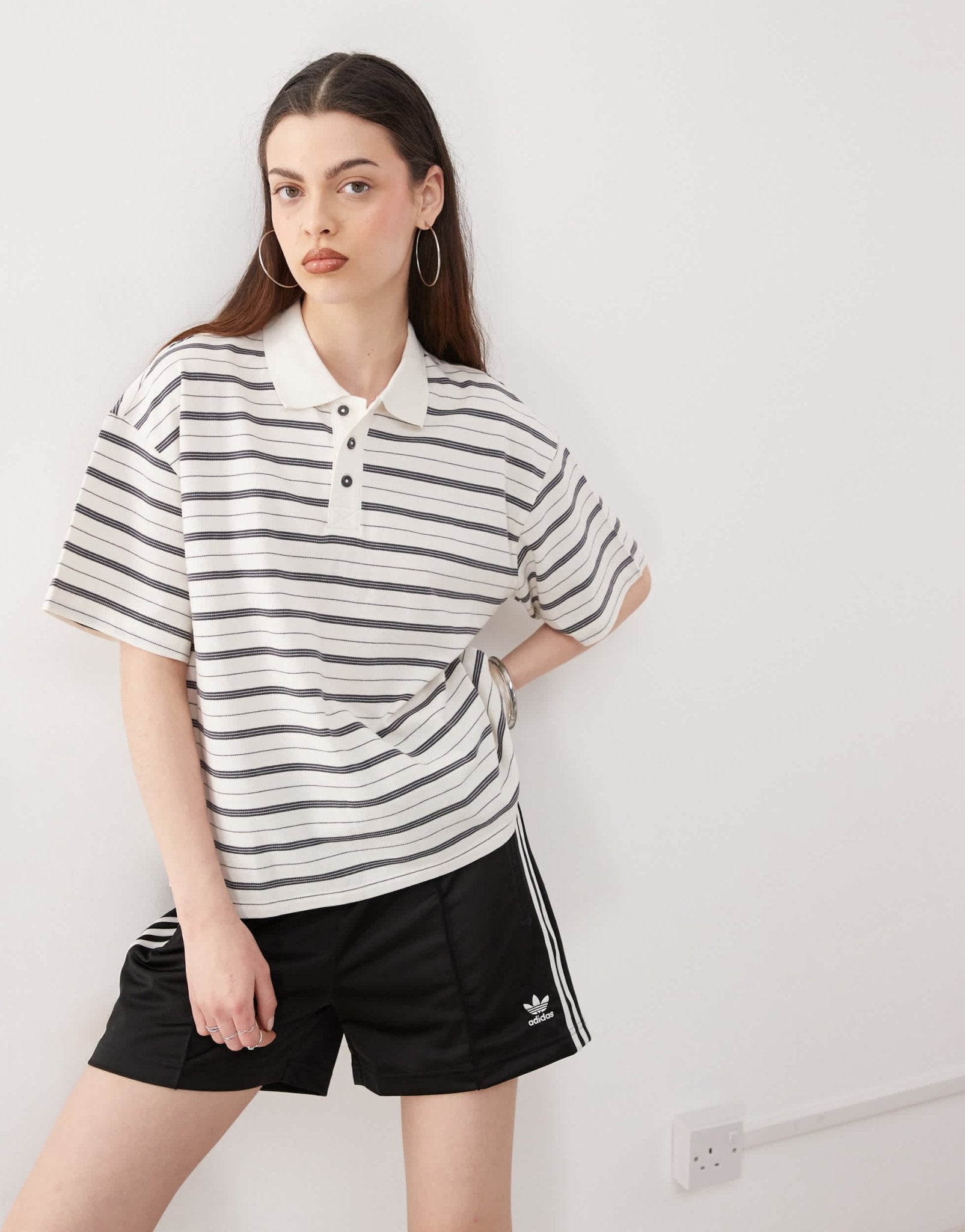 Monki boxy fit polo shirt in white and black stripe - ASOS Sample Sale