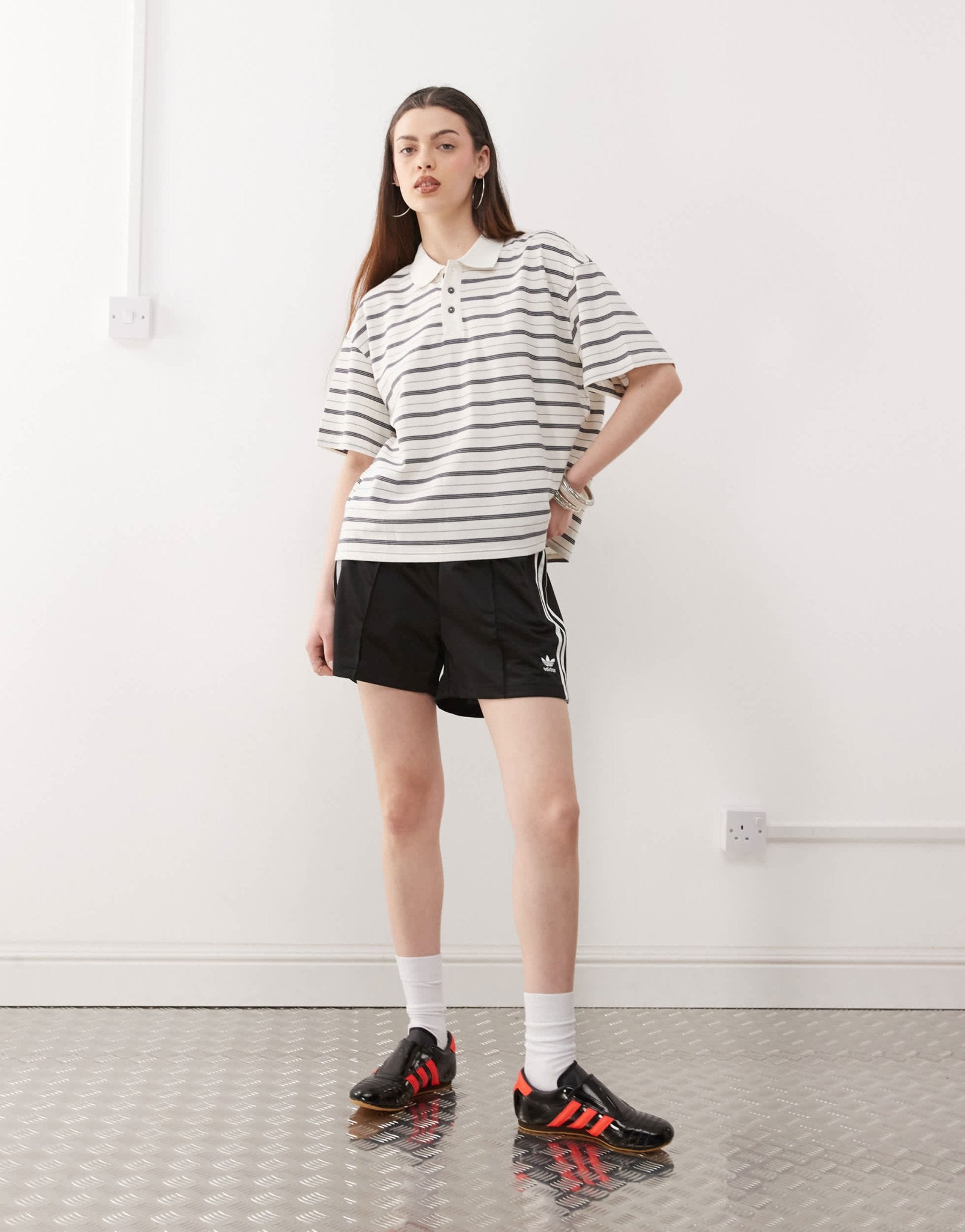 Monki boxy fit polo shirt in white and black stripe - ASOS Sample Sale