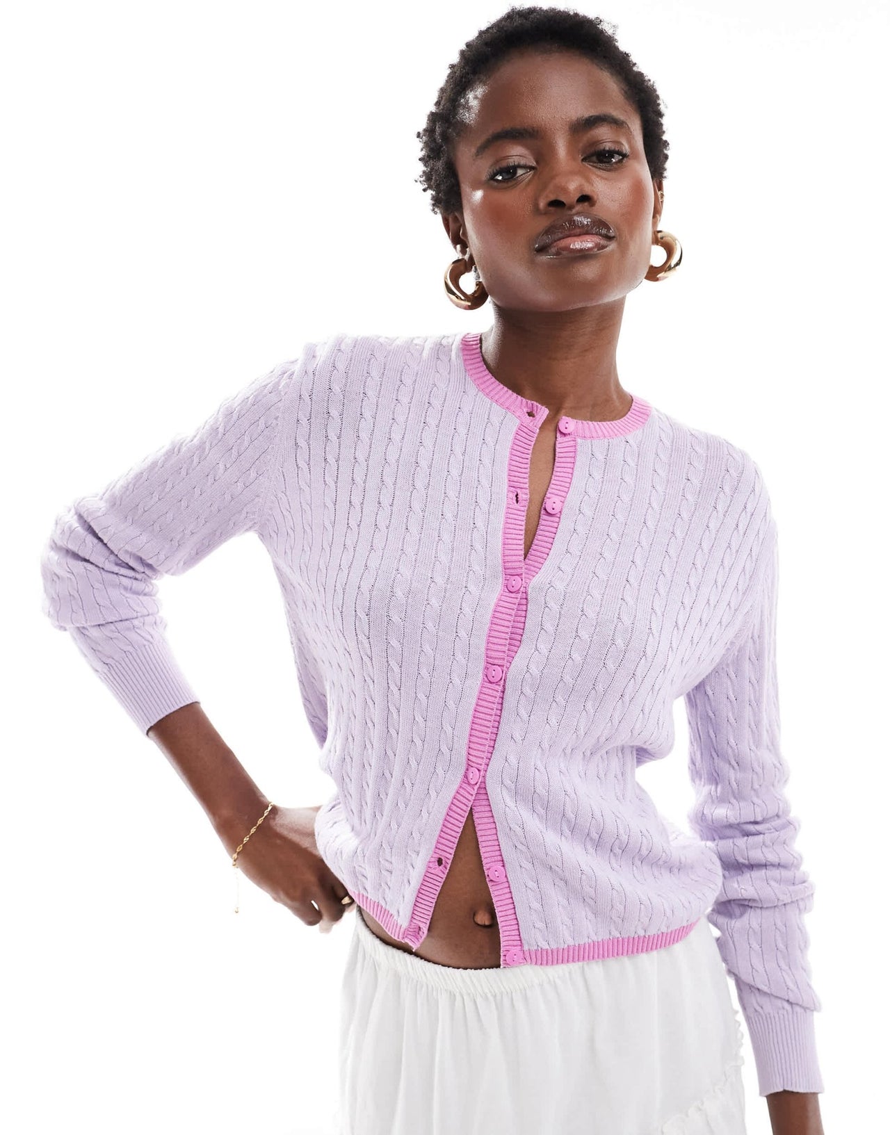 Monki button front cardigan in lilac with pink contrast trim - ASOS Sample Sale
