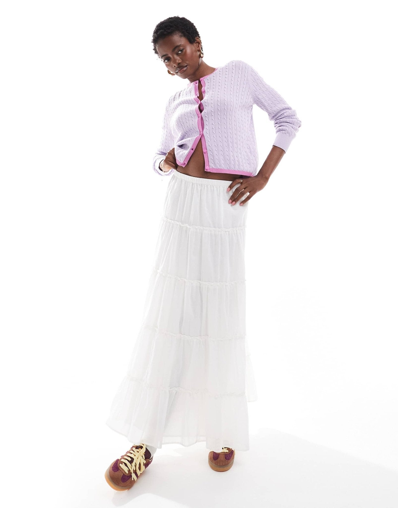 Monki button front cardigan in lilac with pink contrast trim - ASOS Sample Sale