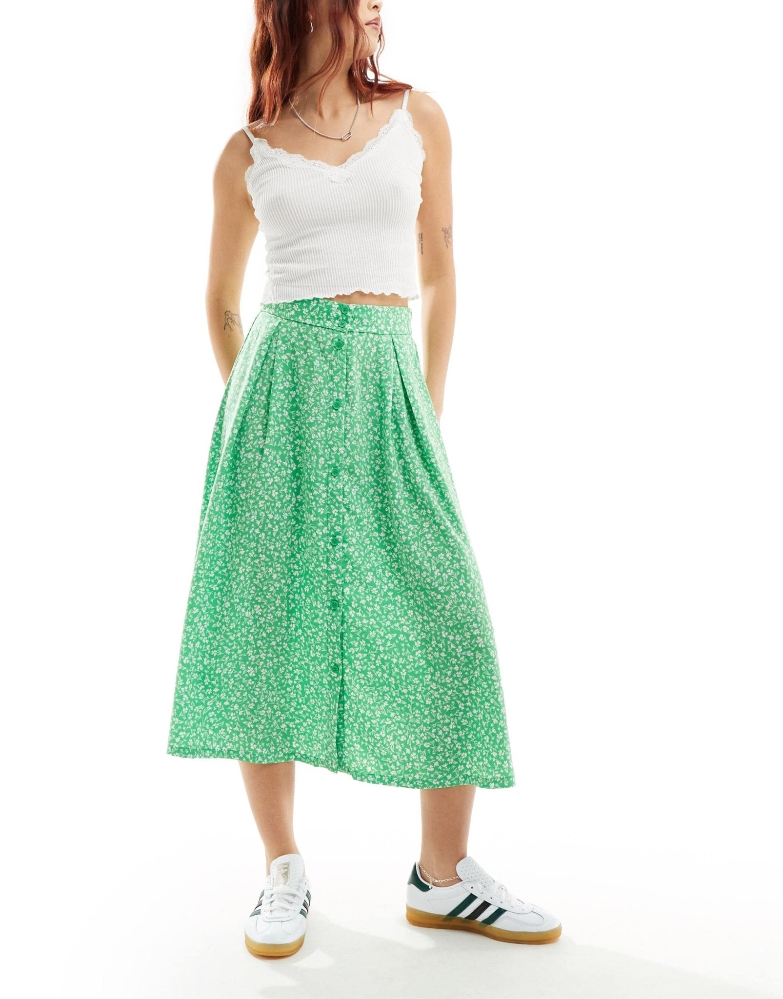 Monki button through midi skirt in green meadow floral - ASOS Sample Sale