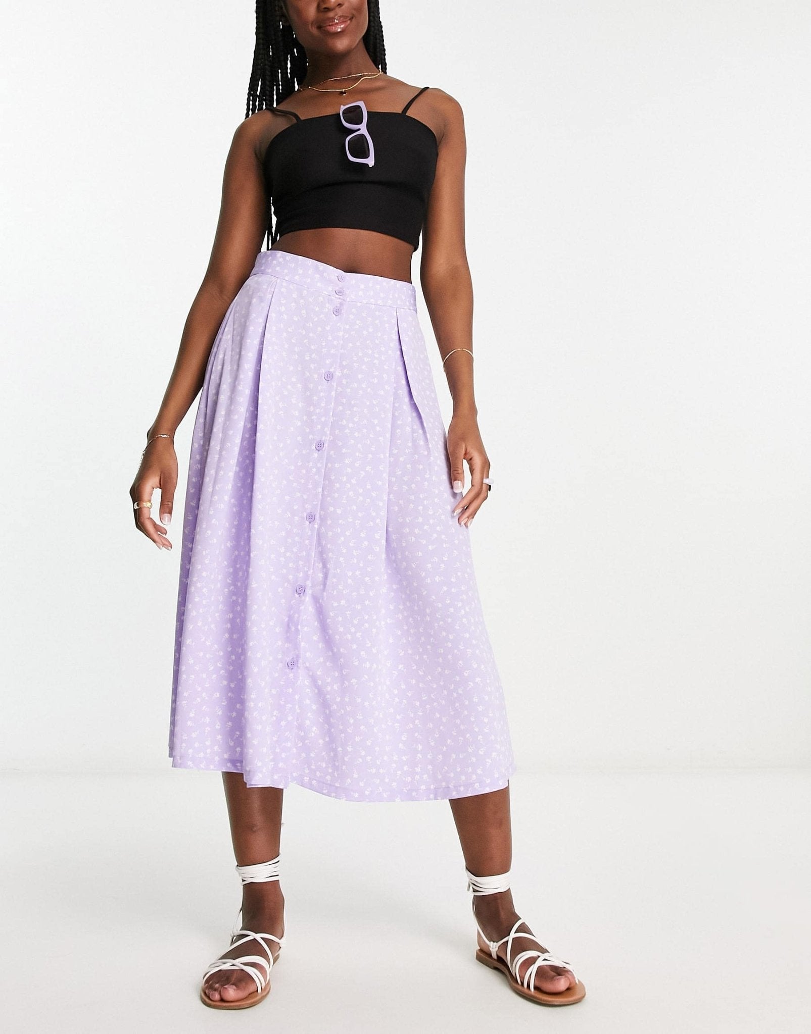Monki button through midi skirt in lilac ditsy - ASOS Sample Sale