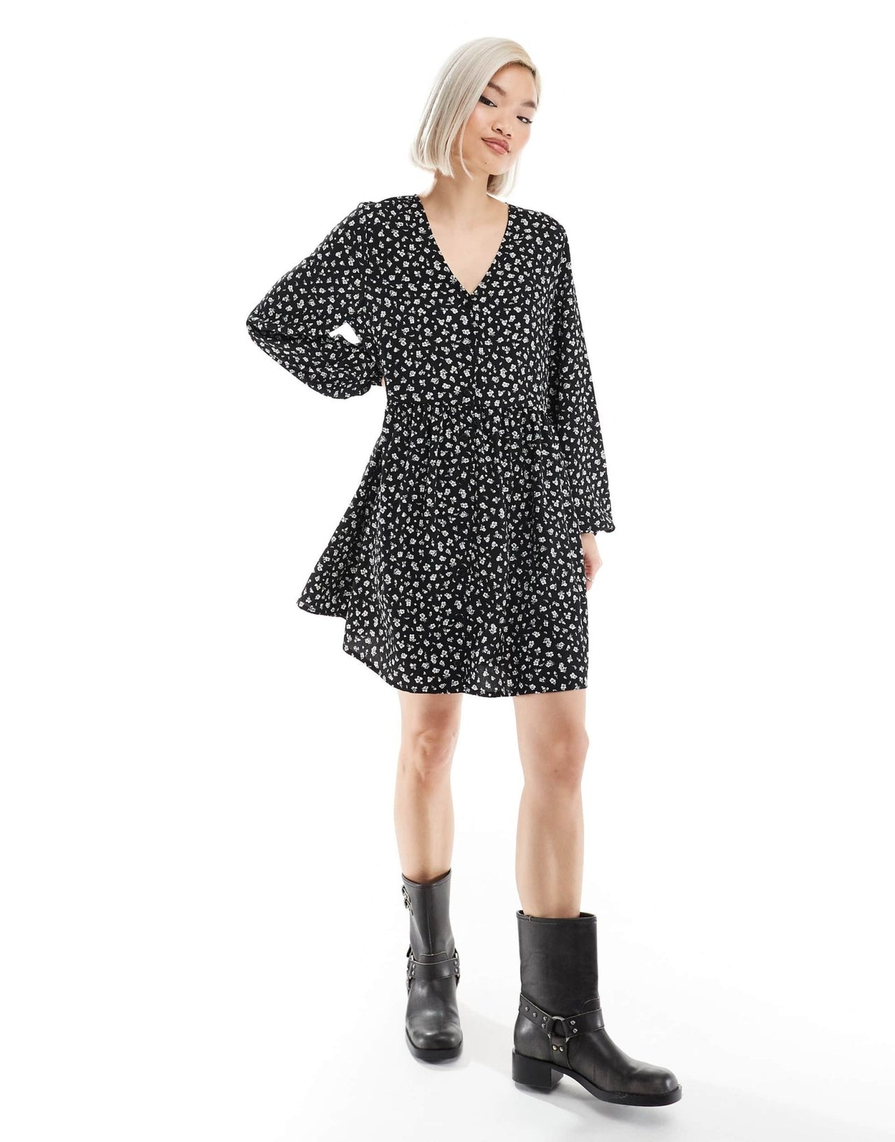 Monki button through mini dress in mono ditsy print - ASOS Sample Sale