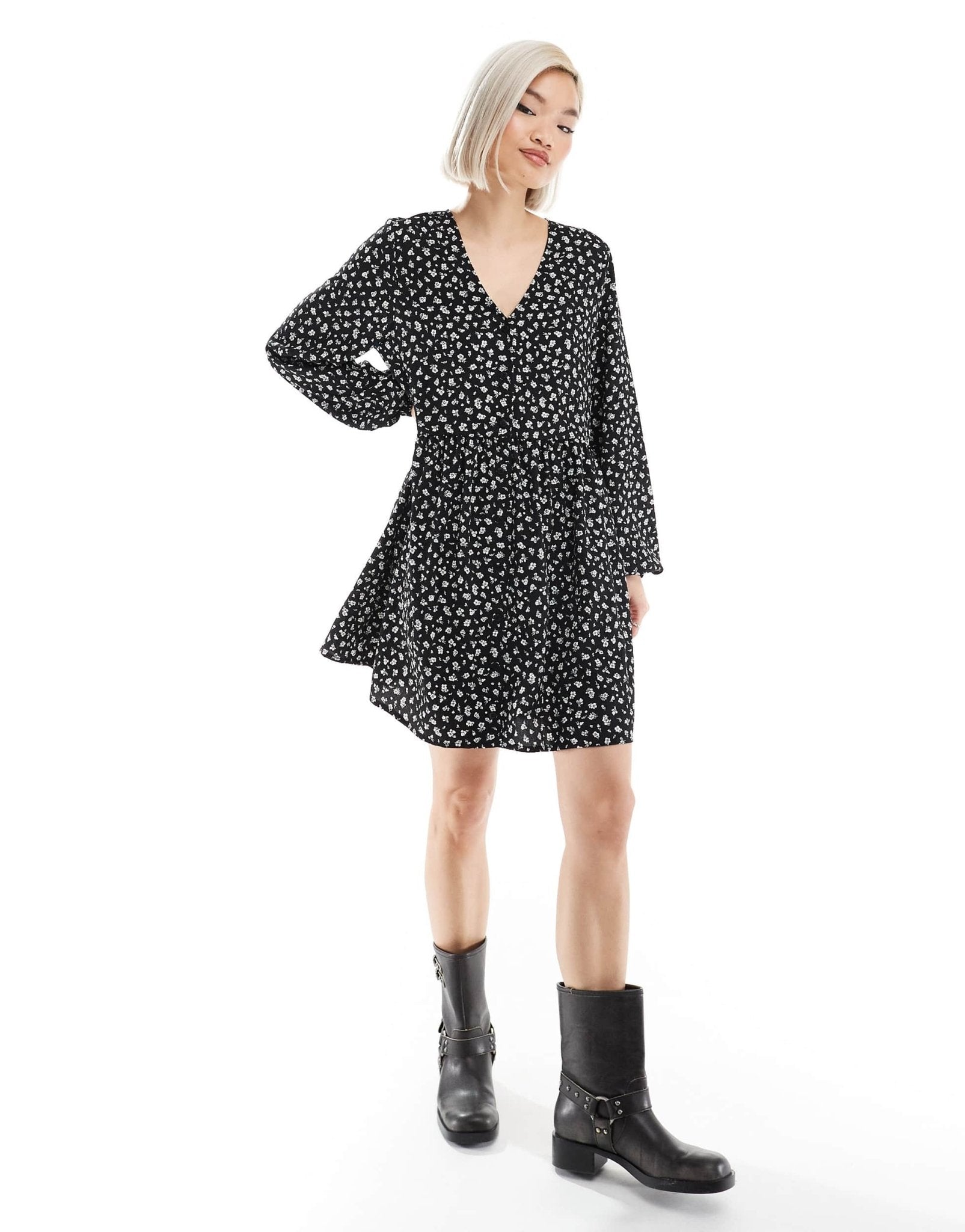Monki button through mini dress in mono ditsy print - ASOS Sample Sale