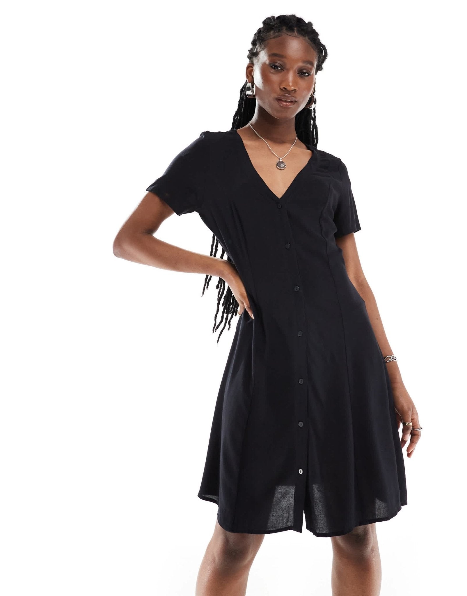 Monki button through mini dress with v neck in black - ASOS Sample Sale